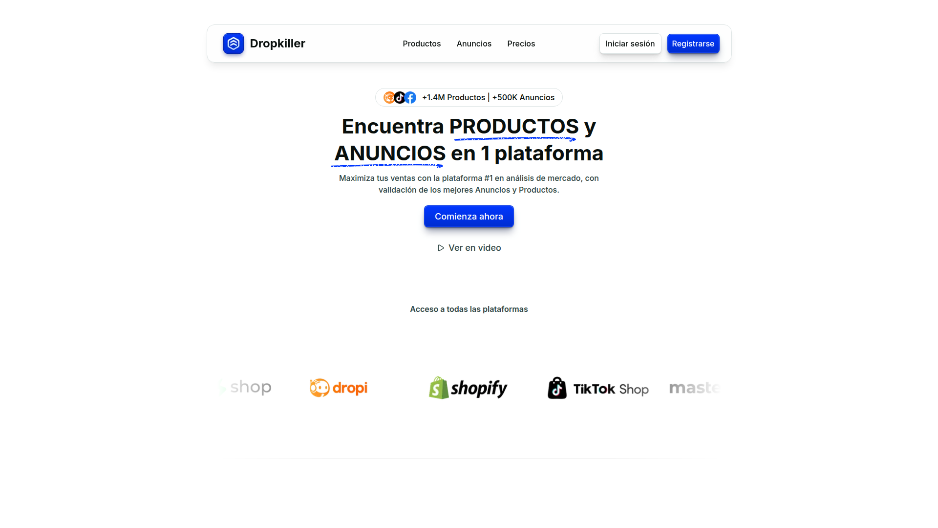 Landing page screenshot for dropkiller.com, 1920 by 1080 pixels