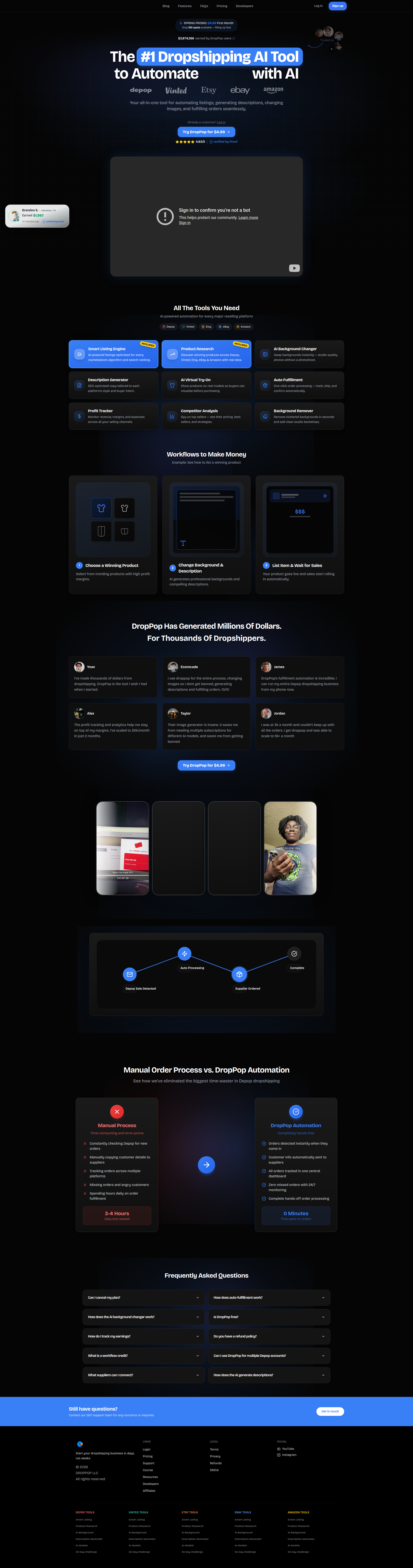 Landing page screenshot for droppop.io, 1920 by 7285 pixels