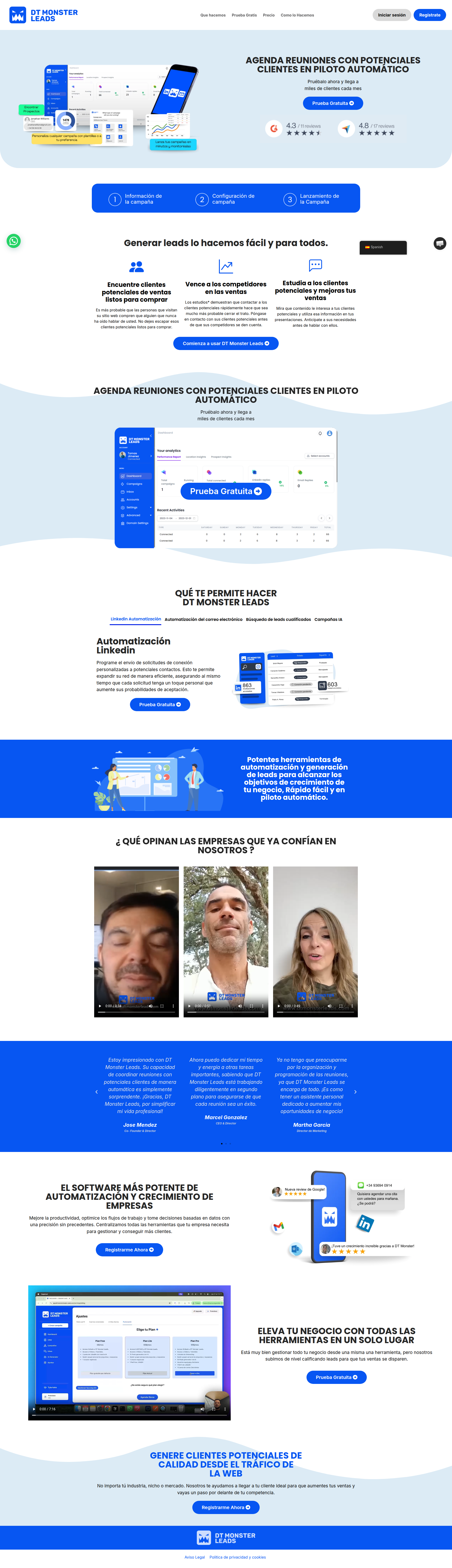 Landing page screenshot for dtmonsterleads.com, 1920 by 6652 pixels