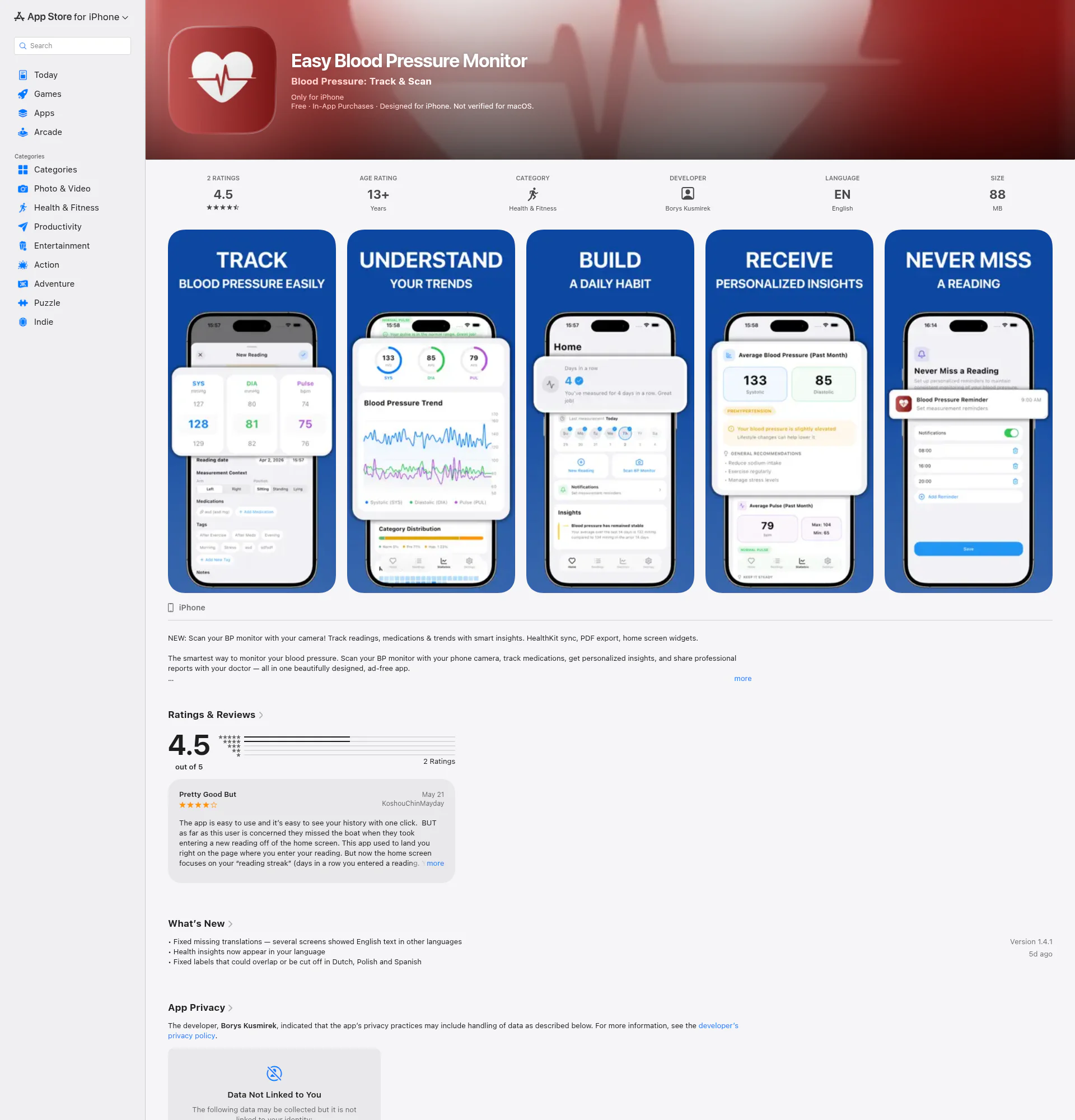 Easy Blood Pressure Monitor landing page
