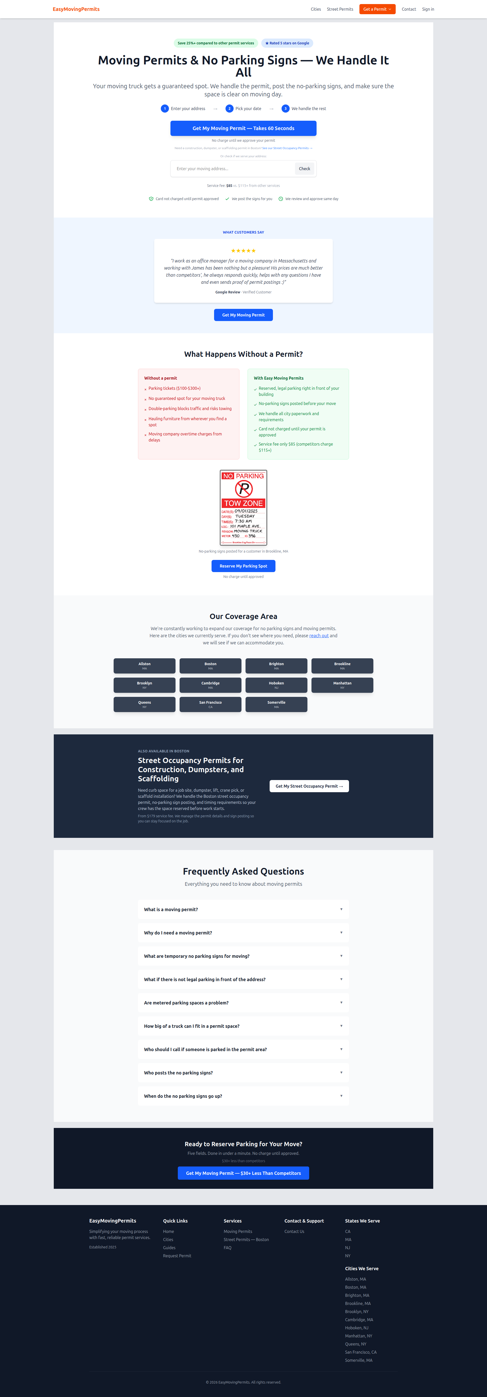 Landing page screenshot for easymovingpermits.com, 1920 by 5509 pixels