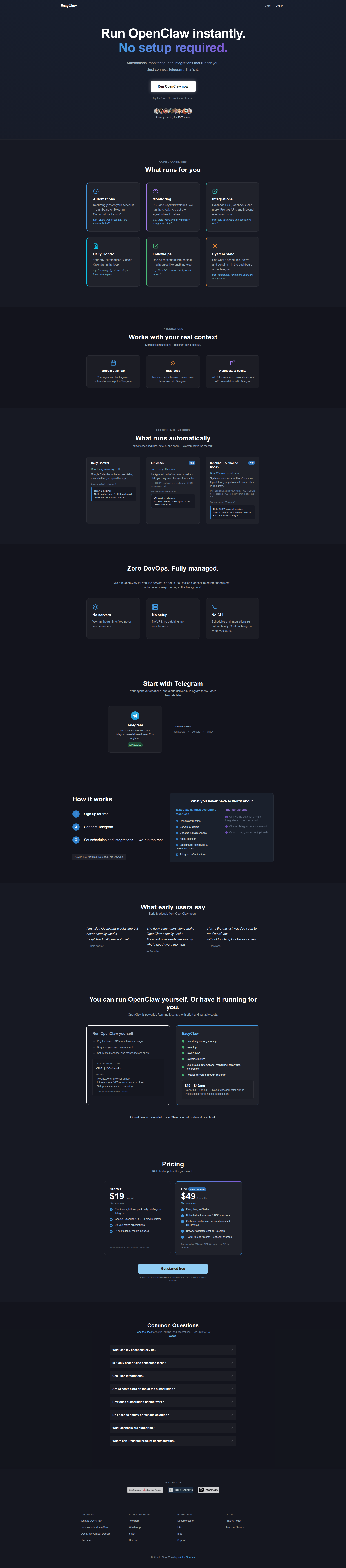 Landing page screenshot for easyclaw.co, 1920 by 8690 pixels