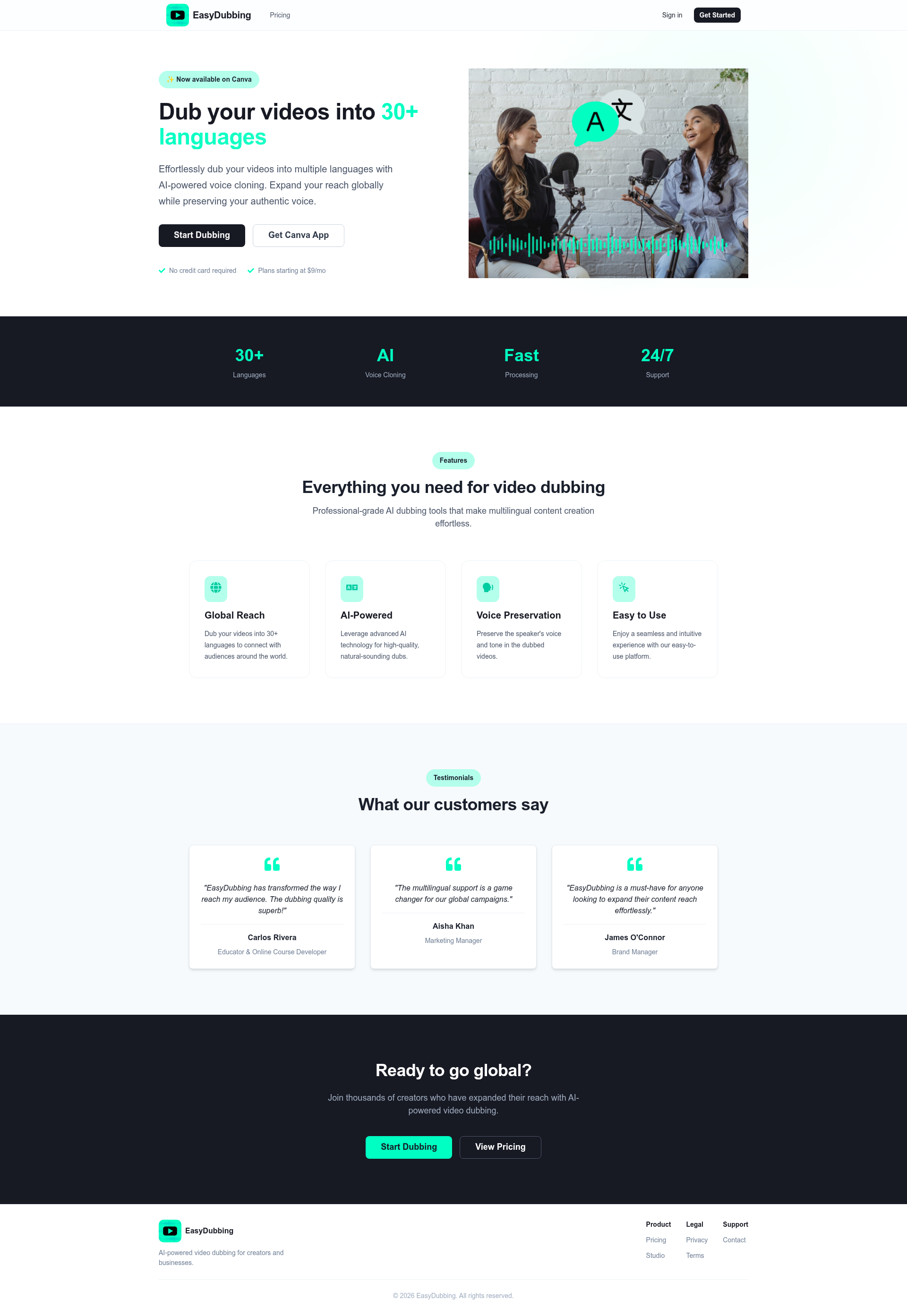 Landing page screenshot for easydubbing.co, 1920 by 2787 pixels