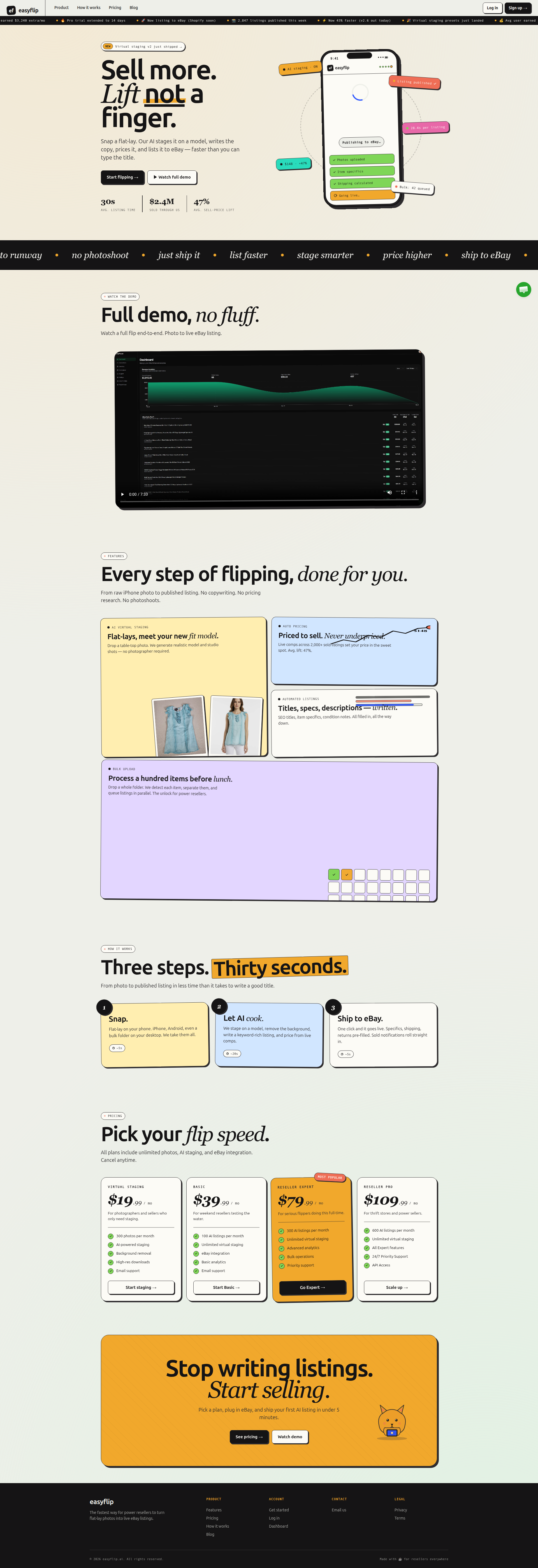 Landing page screenshot for easyflip.ai, 1920 by 5594 pixels