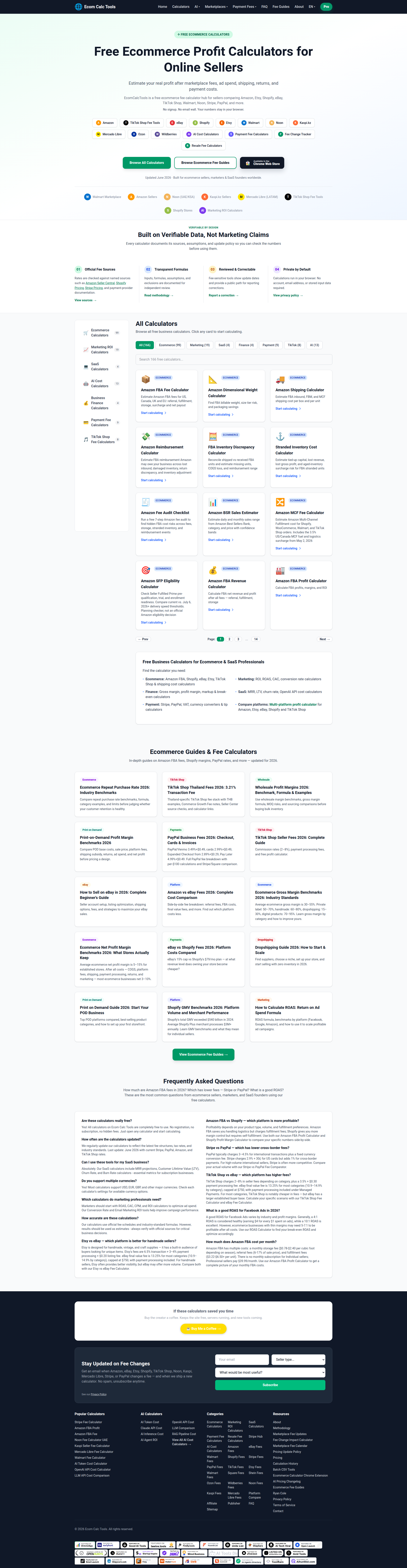 Landing page screenshot for ecomcalctools.com, 1920 by 7406 pixels