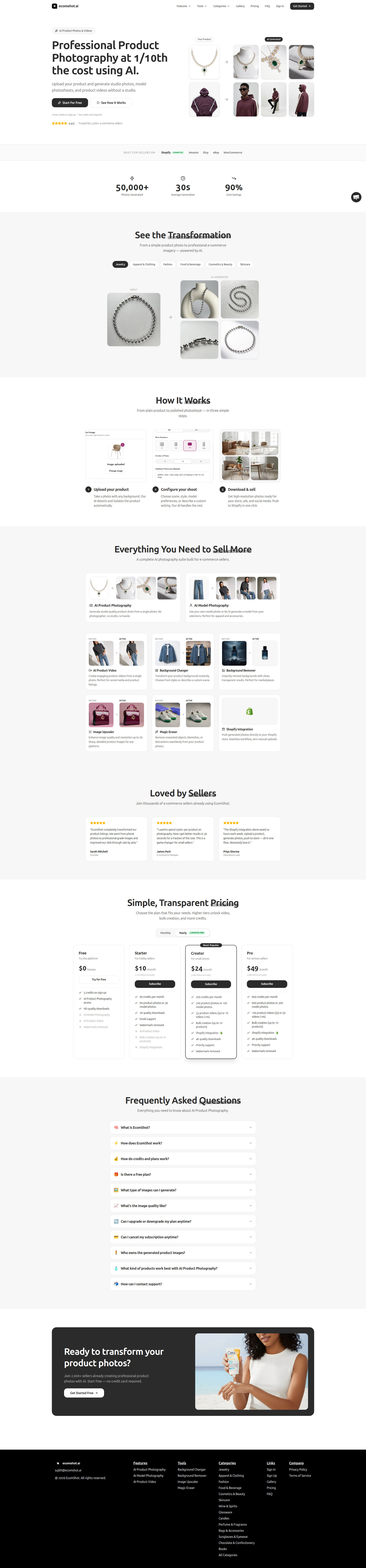 Landing page screenshot for ecomshot.ai, 1920 by 8214 pixels