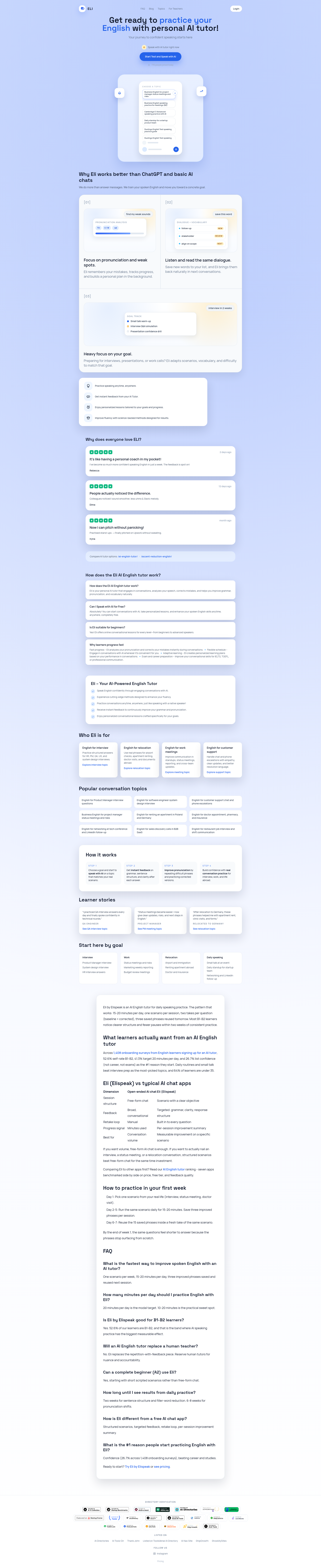 Landing page screenshot for elispeak.com, 1920 by 9363 pixels