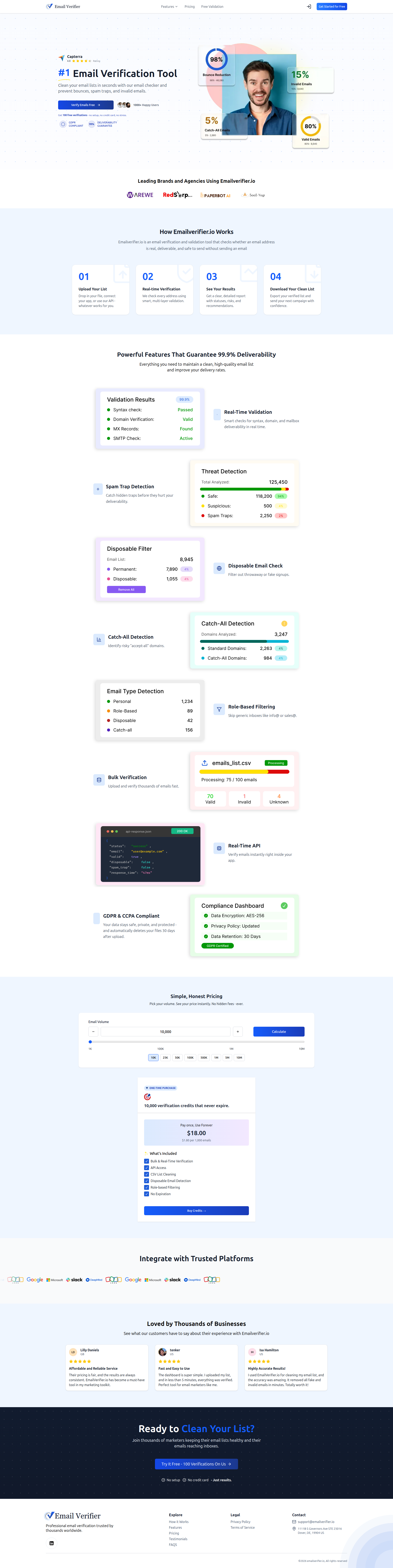 Landing page screenshot for emailverifier.io, 1920 by 7662 pixels