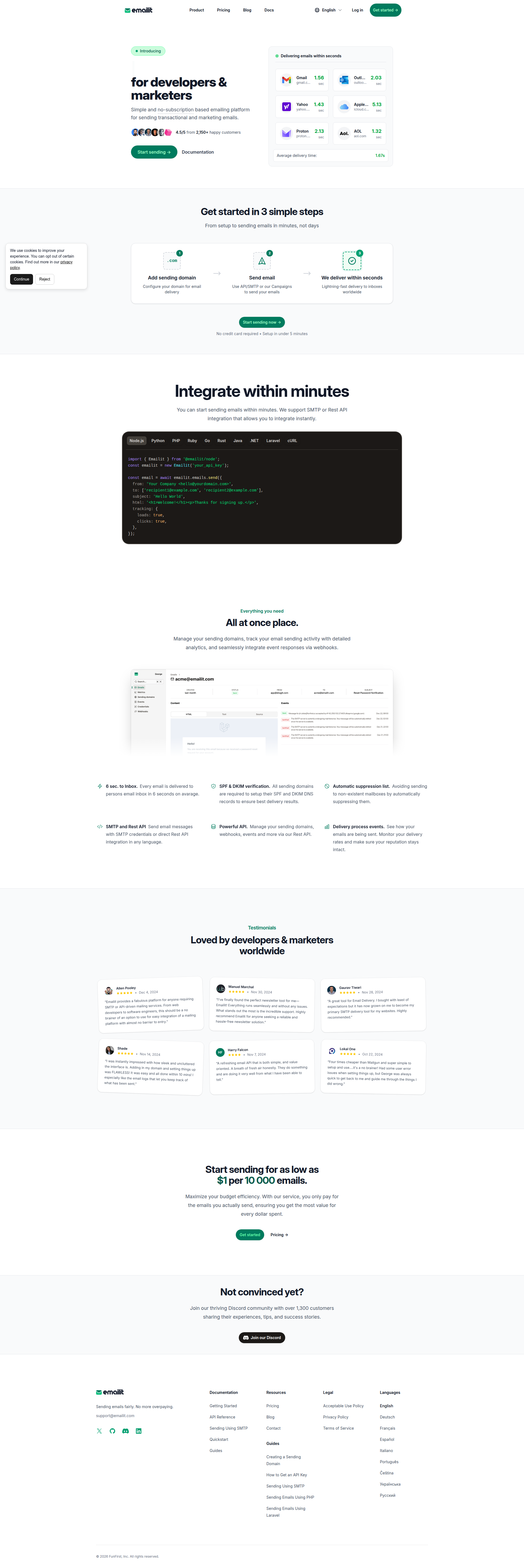 Landing page screenshot for emailit.com, 1920 by 5746 pixels