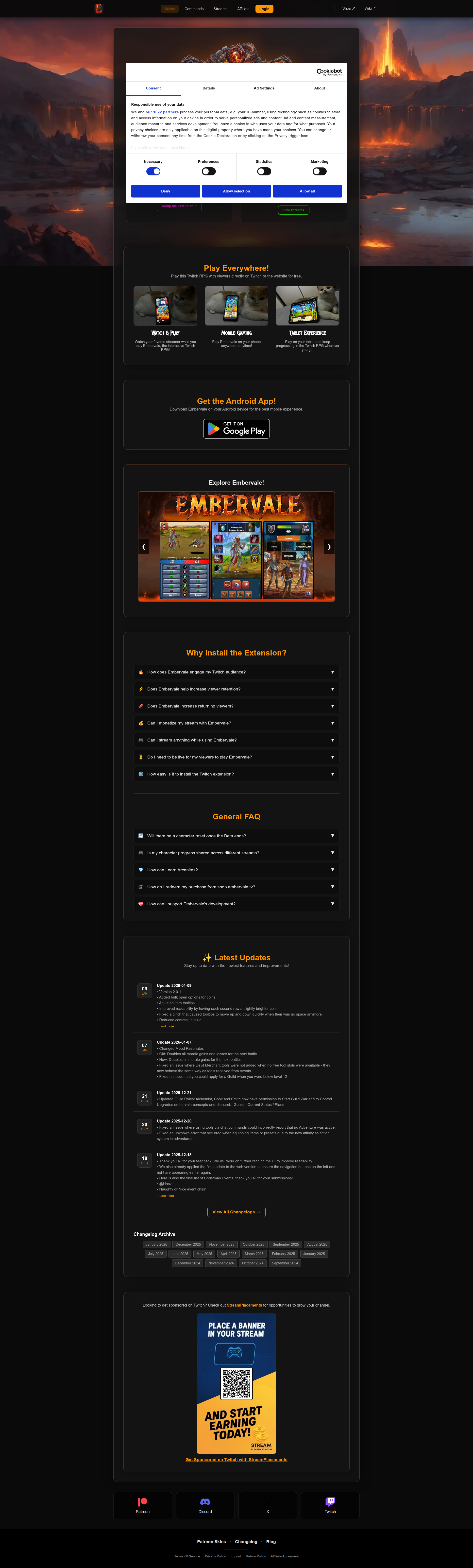 Landing page screenshot for embervale.tv, 1920 by 6363 pixels