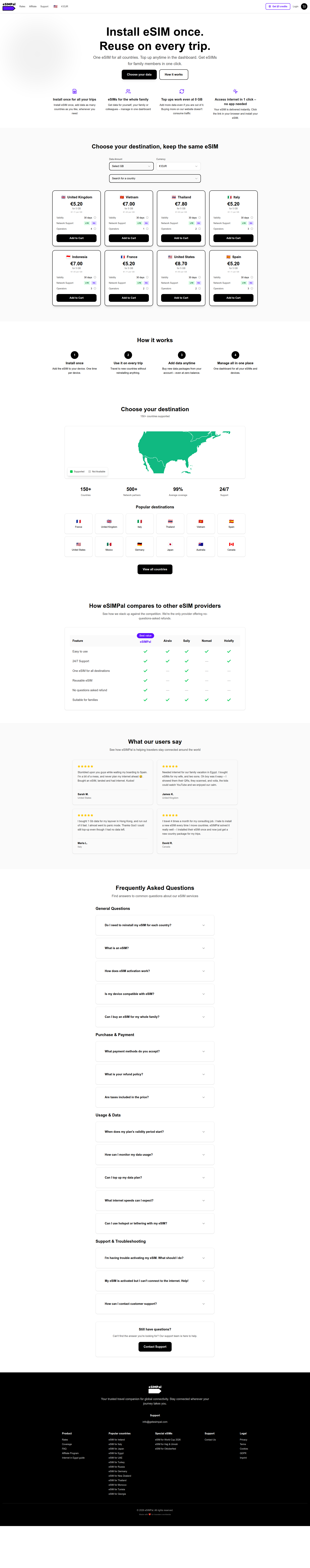 Landing page screenshot for getesimpal.com, 1920 by 9716 pixels