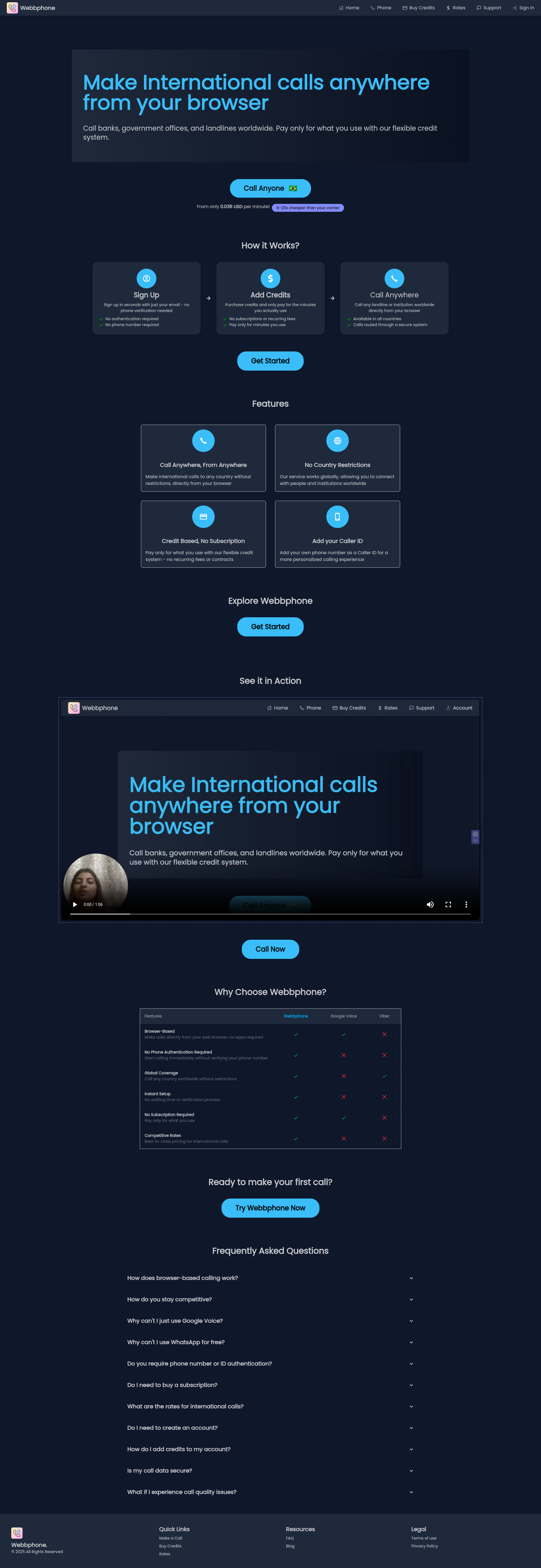 Landing page screenshot for webbphone.com, 1920 by 5568 pixels