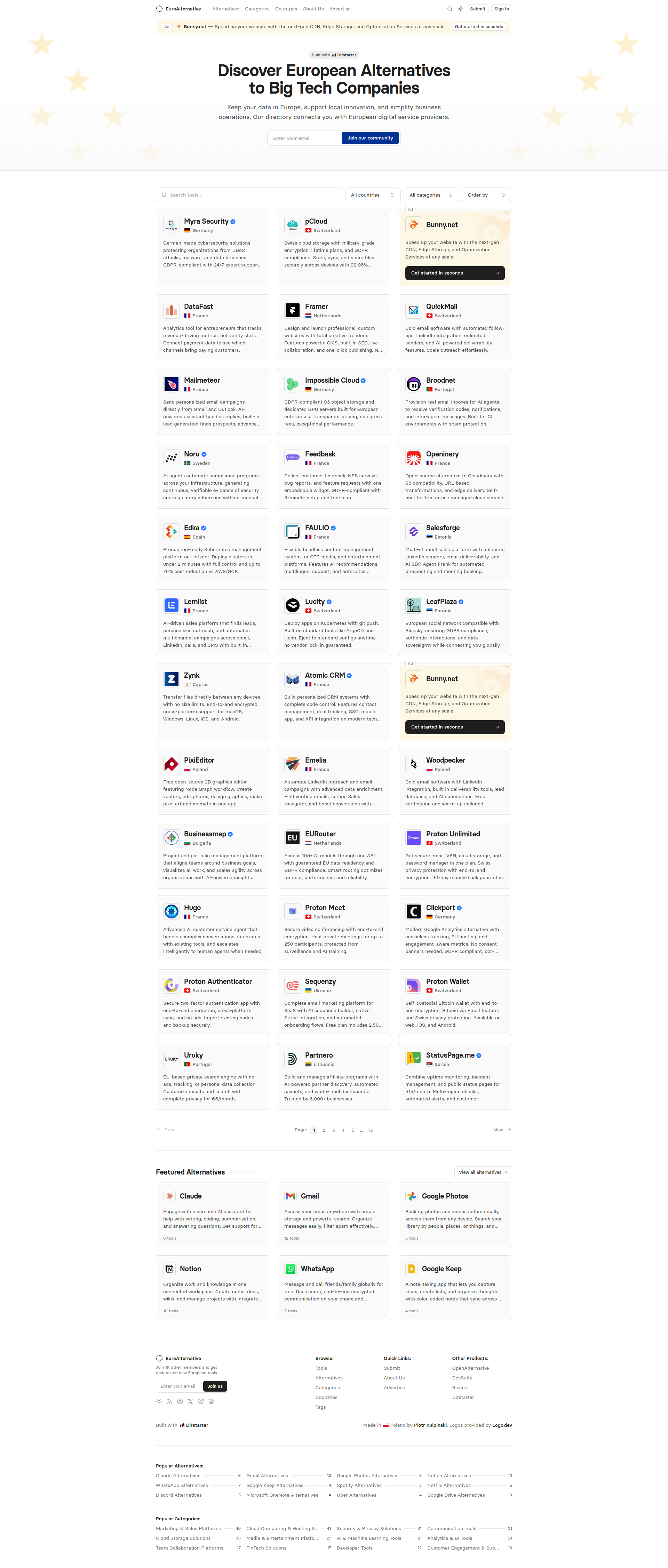 Landing page screenshot for euroalternative.co, 1920 by 4507 pixels