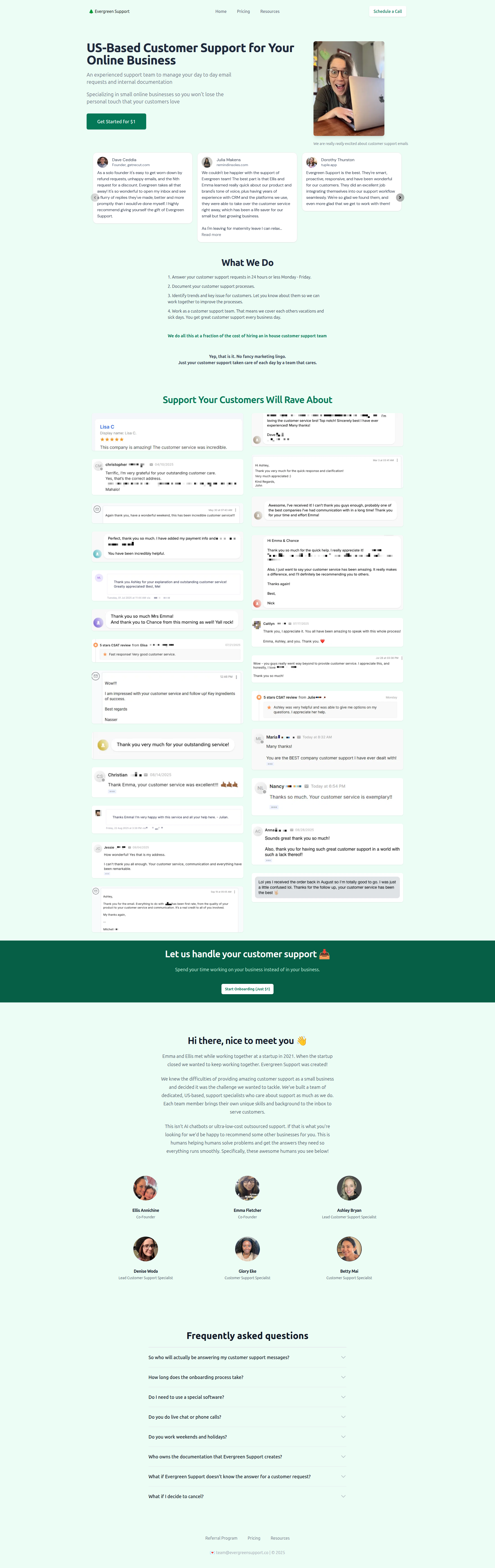 Landing page screenshot for evergreensupport.co, 1920 by 6080 pixels