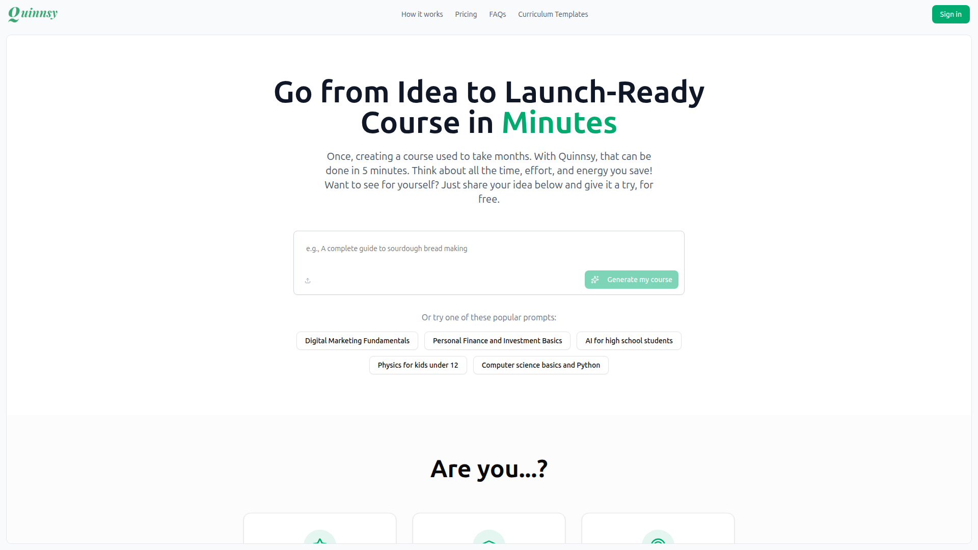 Landing page screenshot for quinnsy.com, 1920 by 1080 pixels
