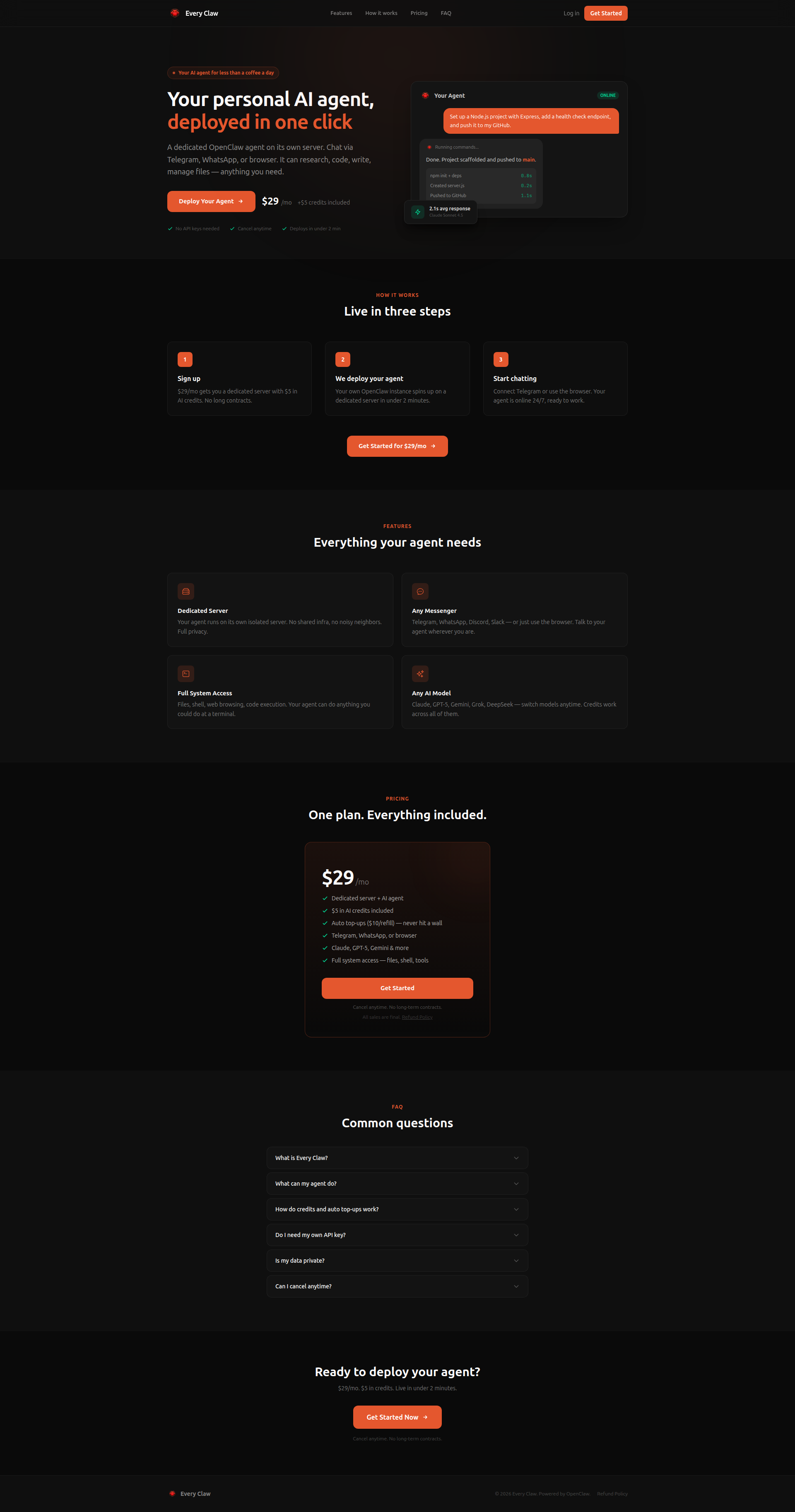 Landing page screenshot for everyclaw.ai, 1920 by 3651 pixels