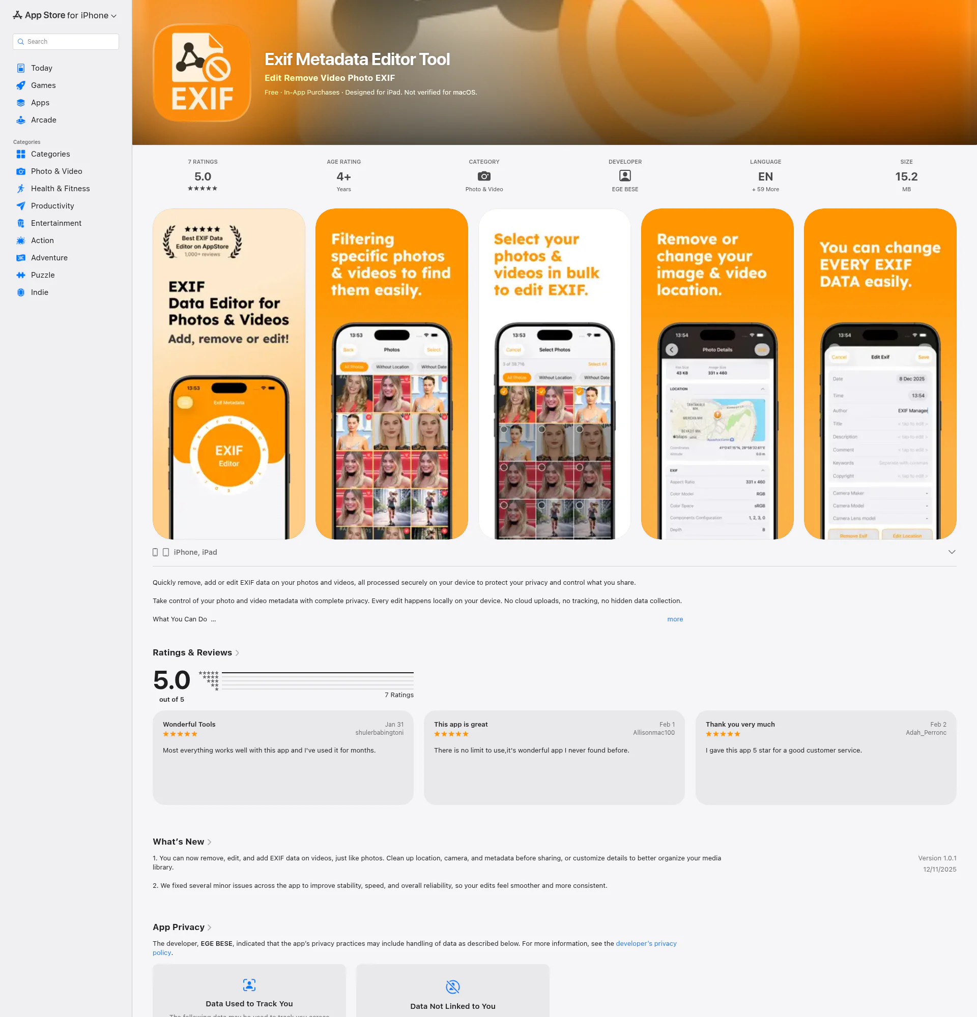 EXIF Data landing page