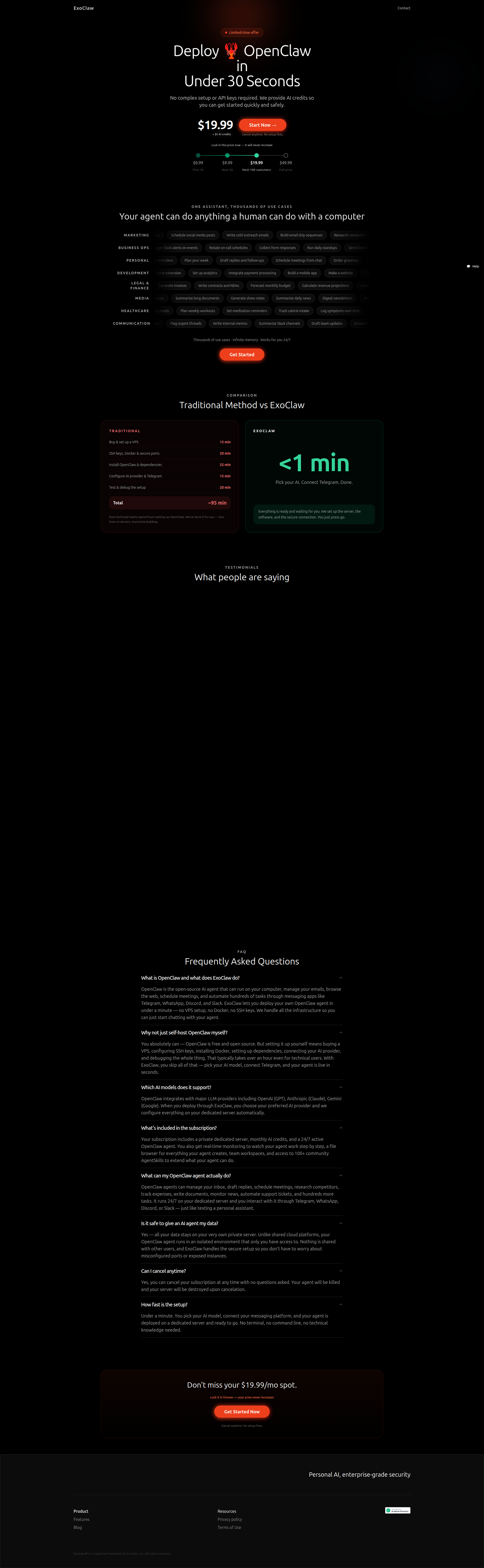 Landing page screenshot for exoclaw.com, 1920 by 6215 pixels