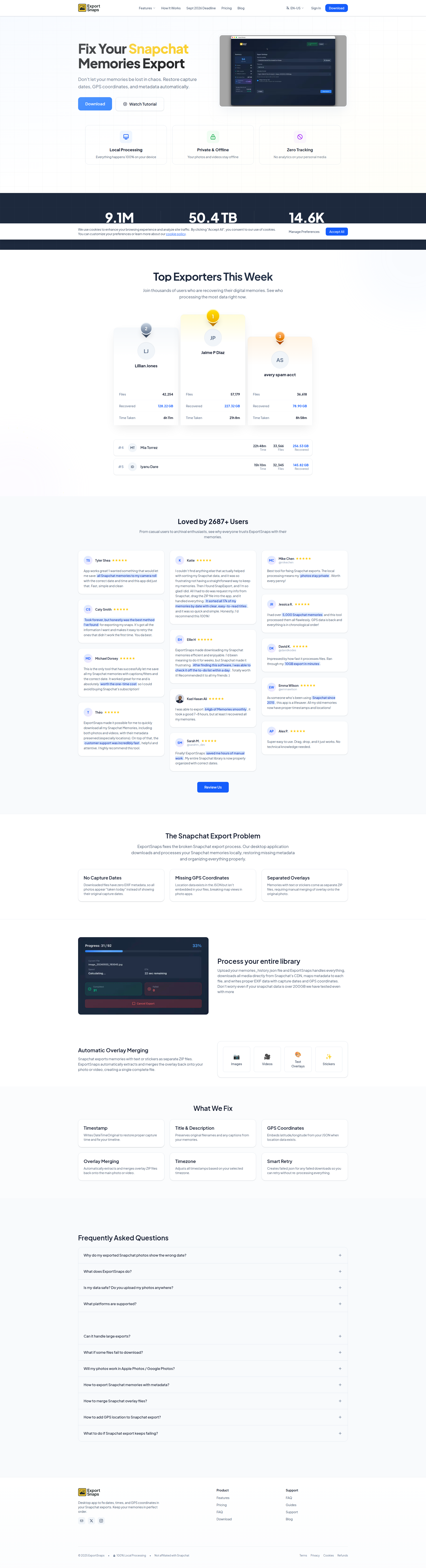 Landing page screenshot for exportsnaps.com, 1920 by 7069 pixels