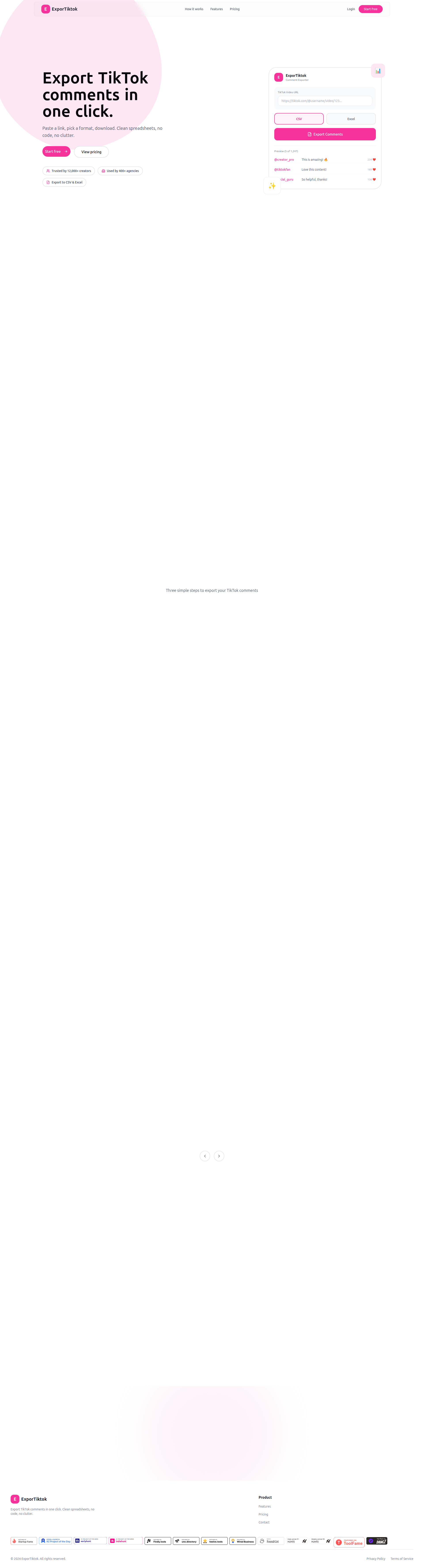 Landing page screenshot for exportiktok.xyz, 1920 by 7103 pixels