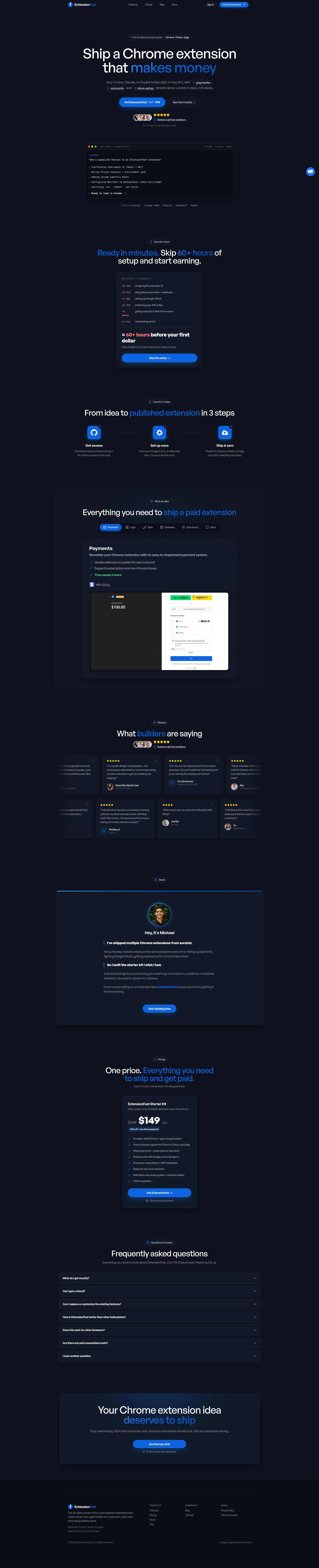 Landing page screenshot for extensionfast.com, 1920 by 9435 pixels