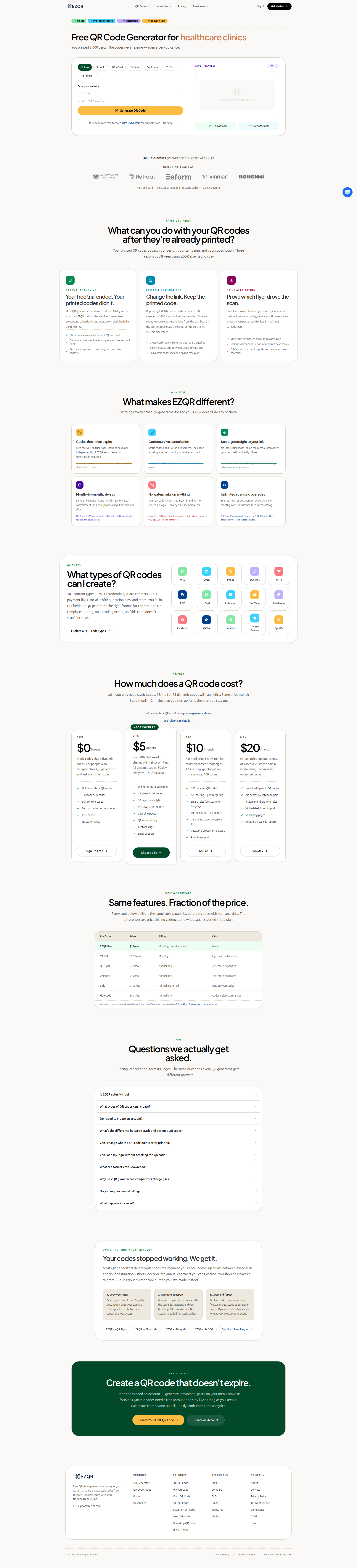 Landing page screenshot for ez-qr.com, 1920 by 8426 pixels