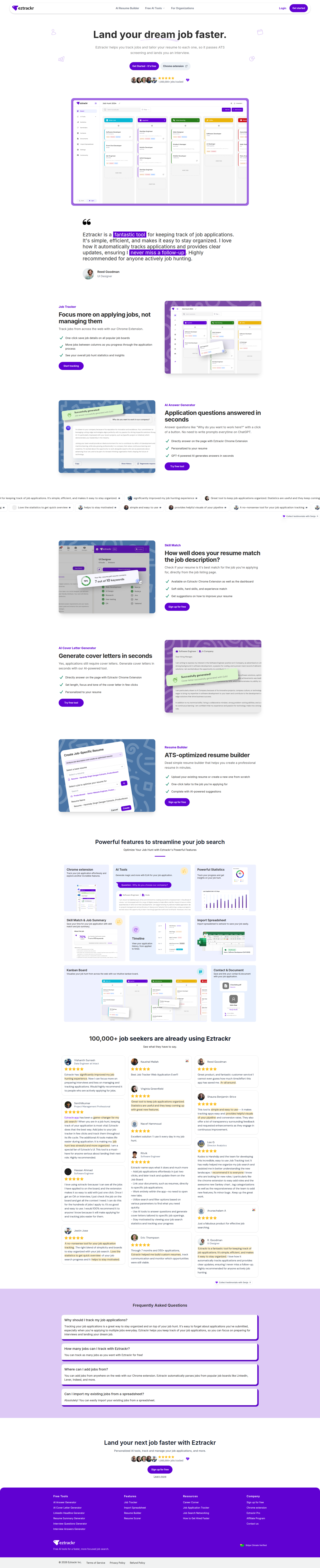 Landing page screenshot for eztrackr.app, 1920 by 9414 pixels