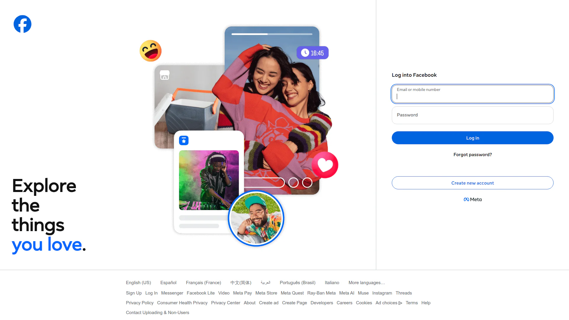 Facebook landing page