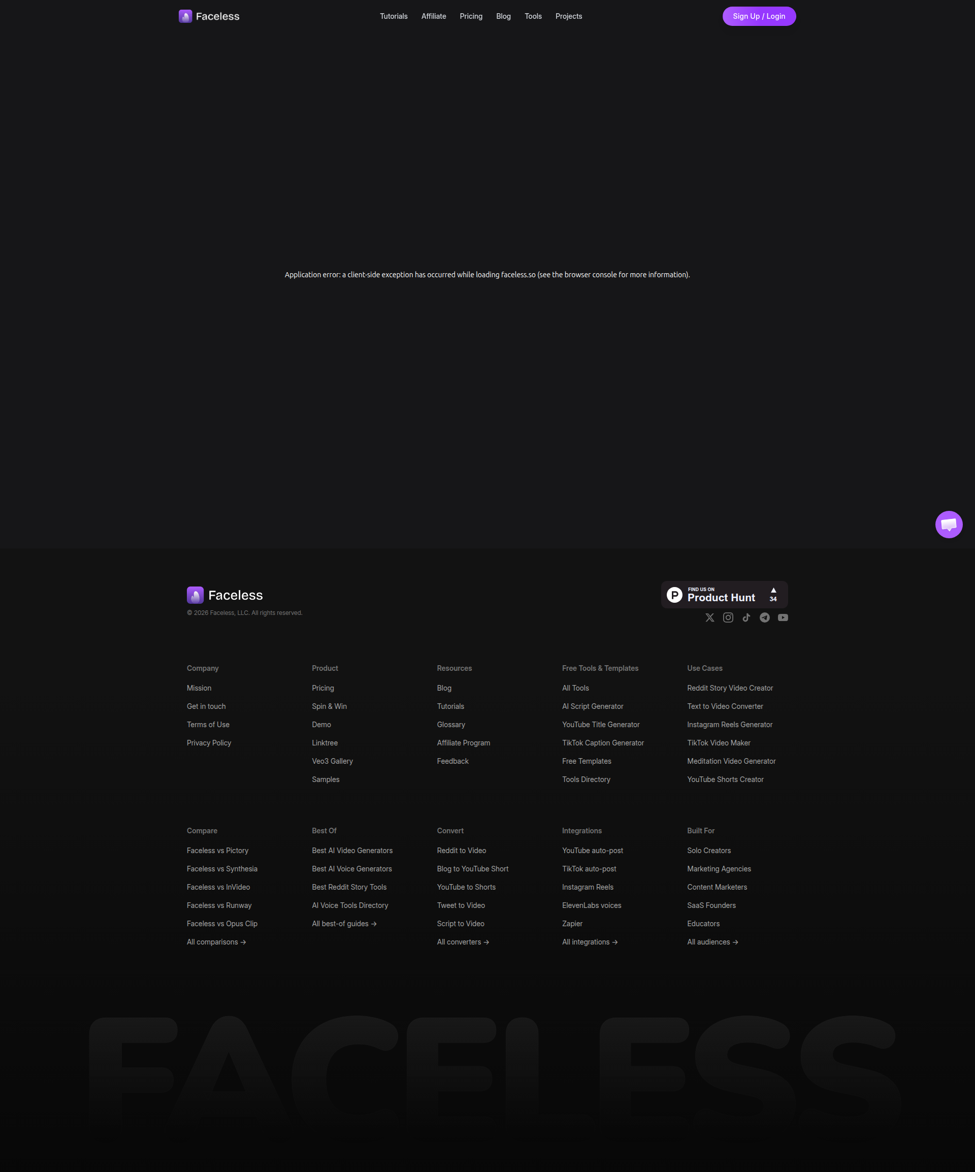 Landing page screenshot for faceless.so, 1920 by 2308 pixels