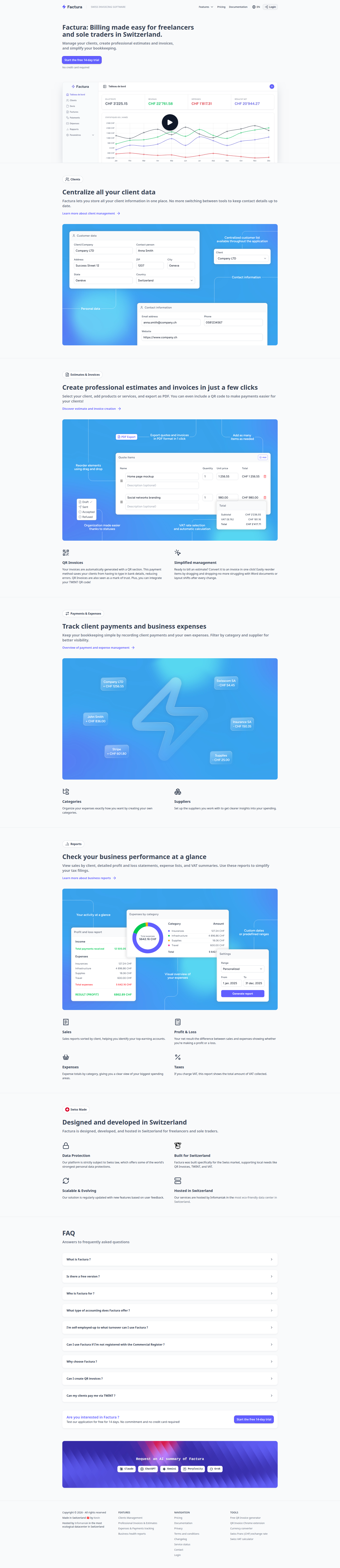 Landing page screenshot for factura.ch, 1920 by 8840 pixels