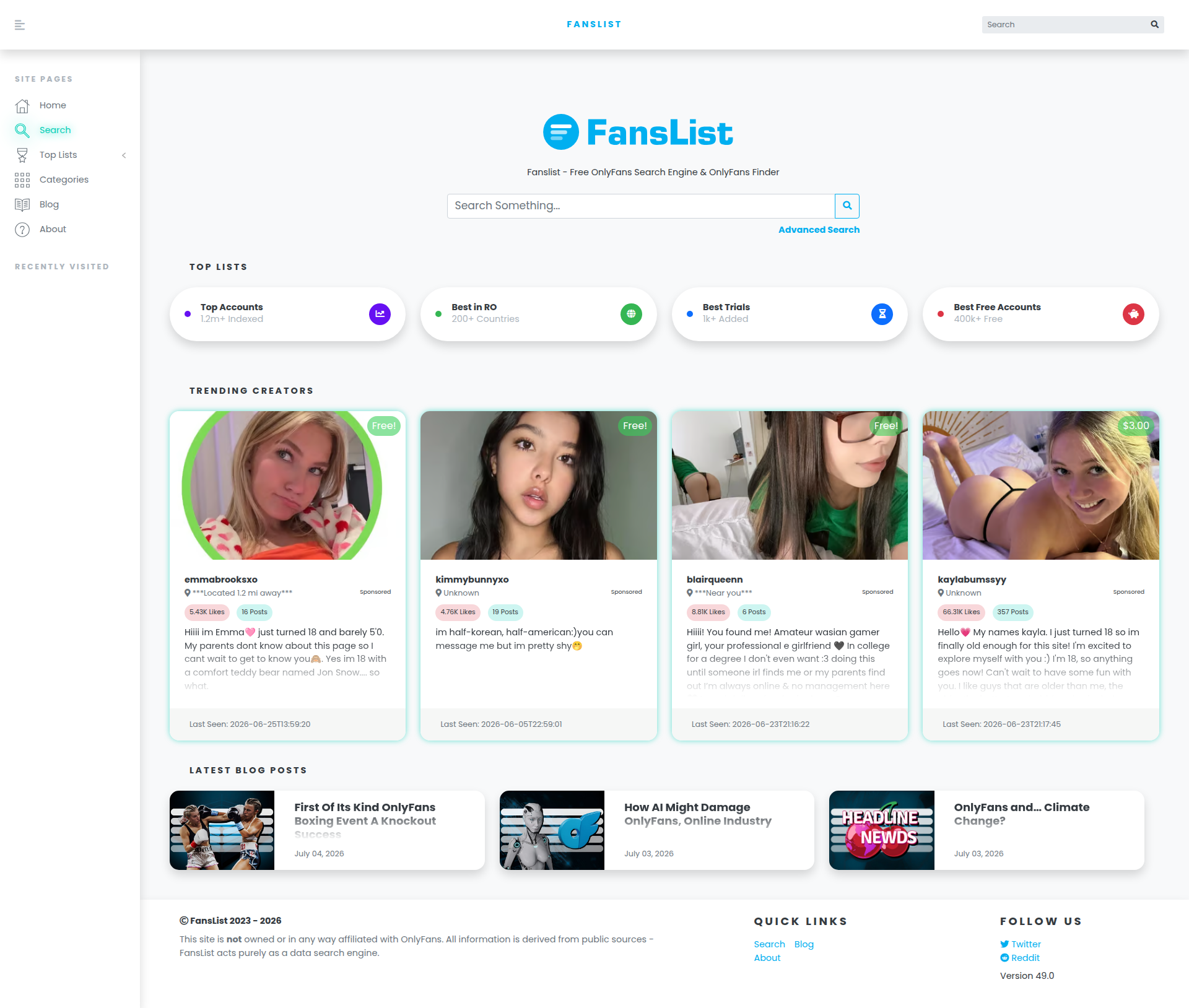 Landing page screenshot for fanslist.com, 1920 by 1628 pixels