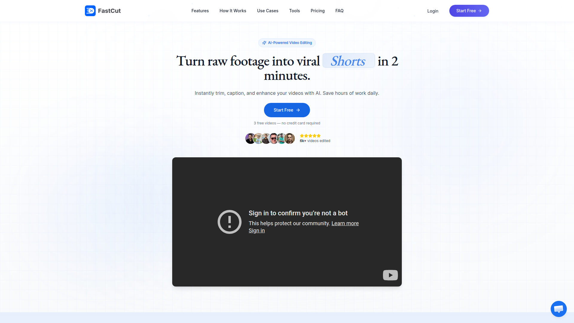 Landing page screenshot for fastcutai.co, 1920 by 1080 pixels
