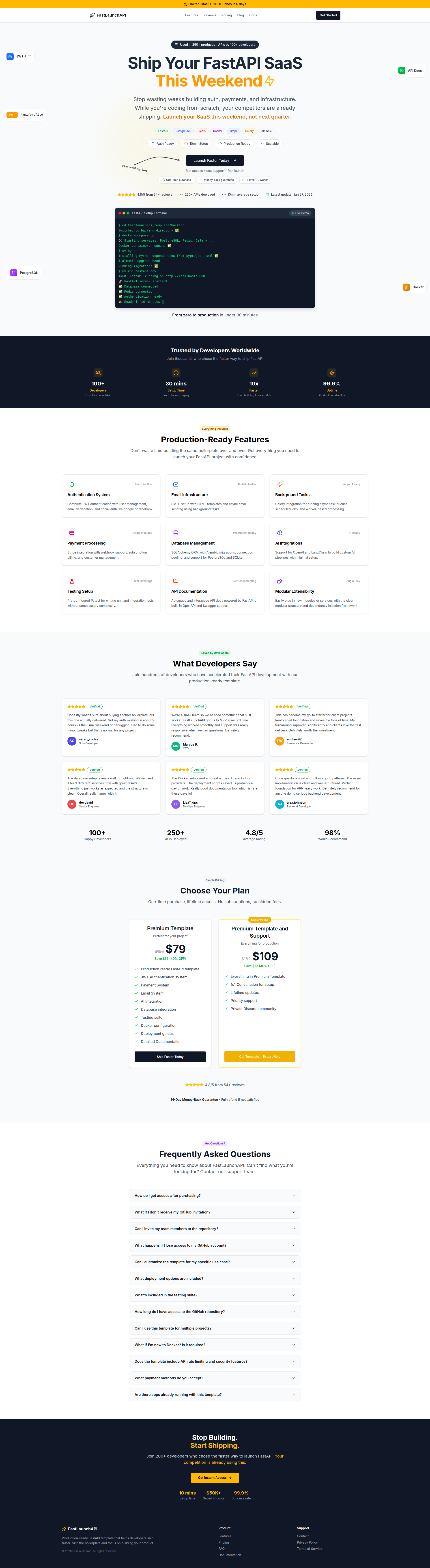 Landing page screenshot for fastlaunchapi.dev, 1920 by 6997 pixels