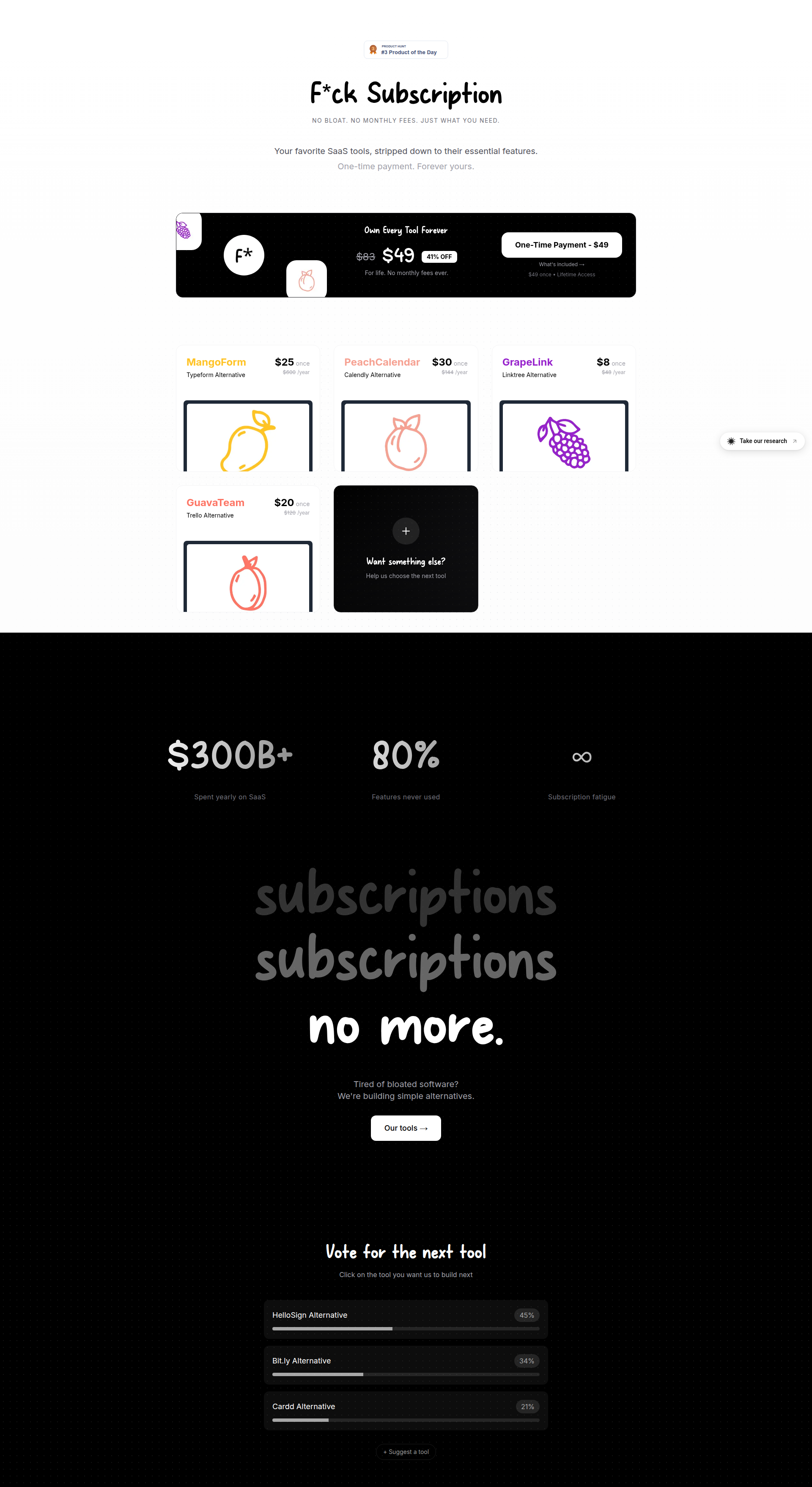 Landing page screenshot for fcksubscription.com, 1920 by 3514 pixels