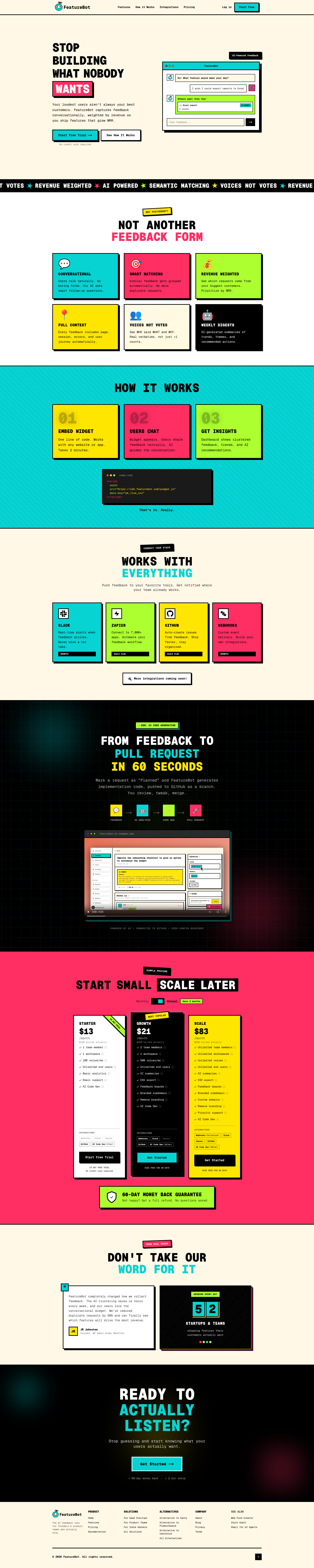Landing page screenshot for featurebot.com, 1920 by 9590 pixels