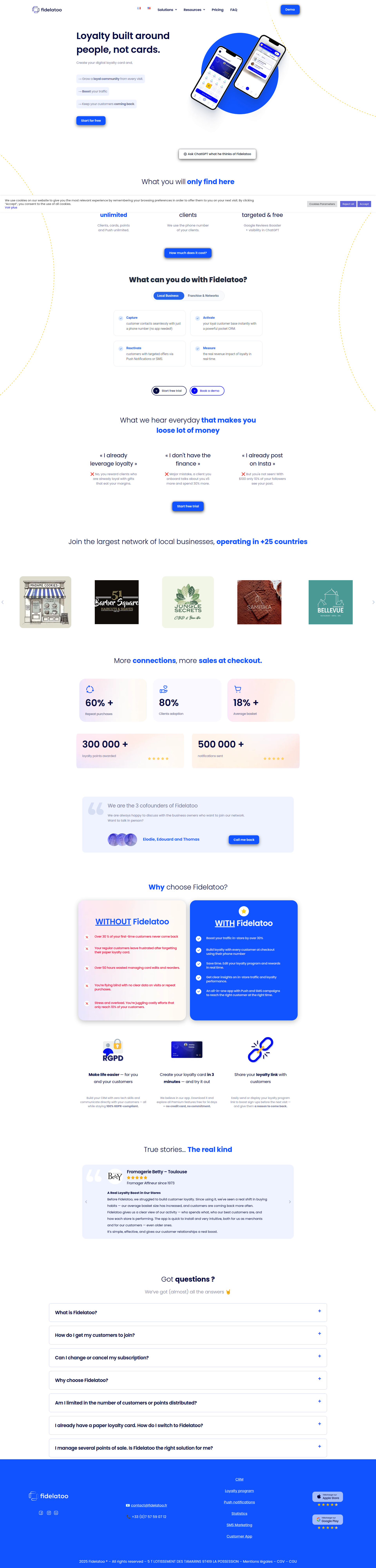 Landing page screenshot for fidelatoo.fr, 1920 by 7989 pixels