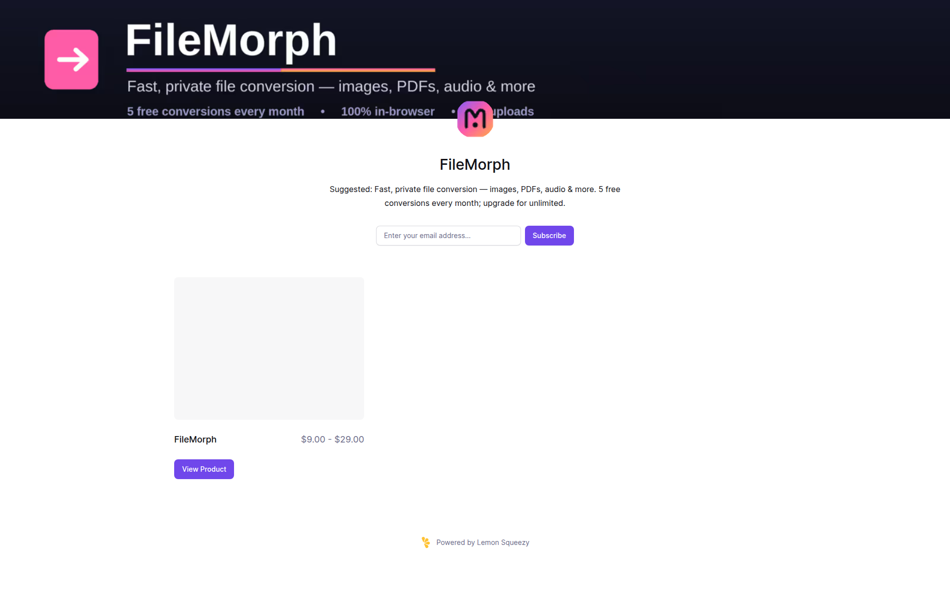 Landing page screenshot for filemorph.lemonsqueezy.com, 1920 by 1192 pixels