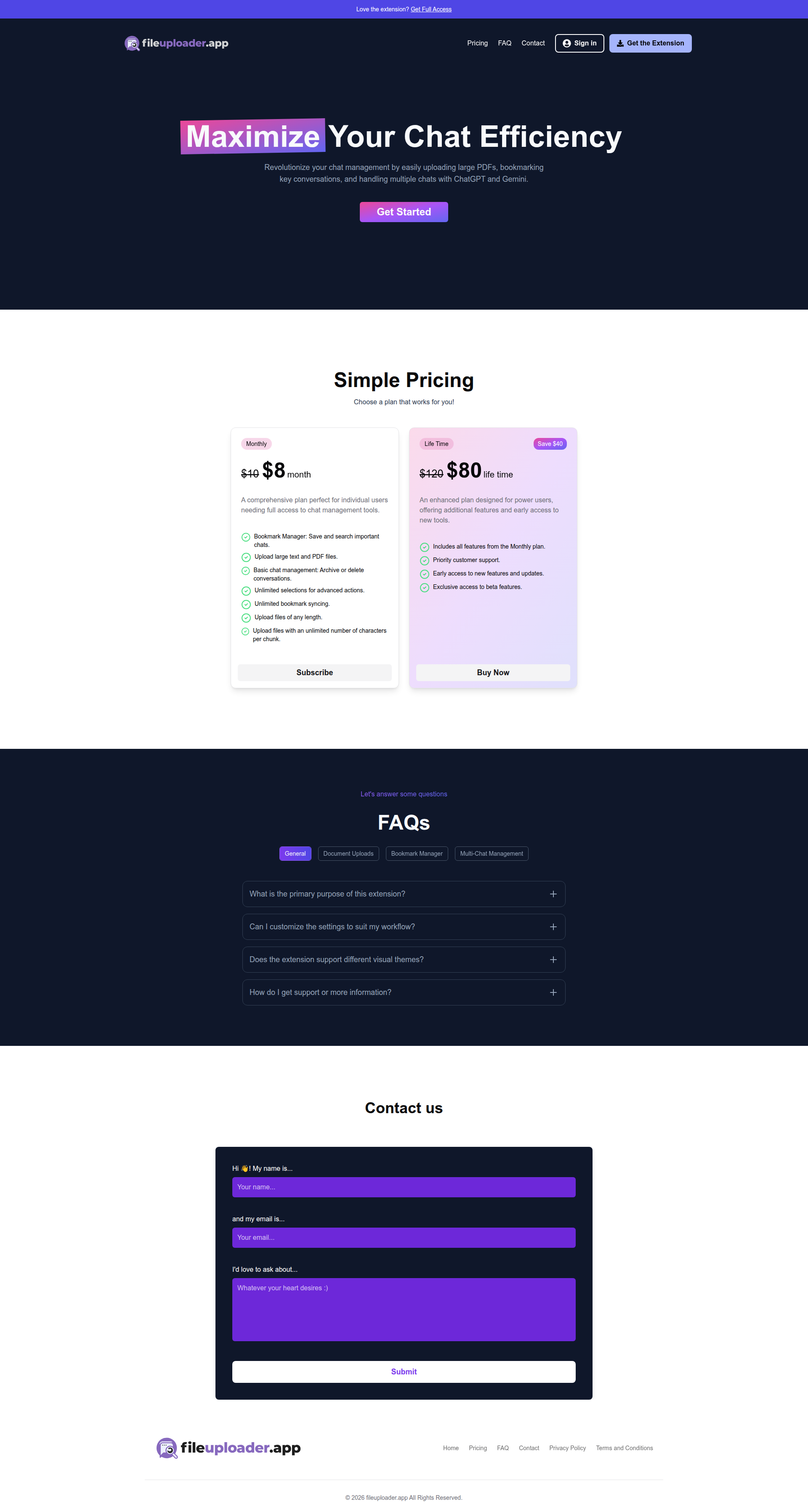 Landing page screenshot for fileuploader.app, 1920 by 3594 pixels
