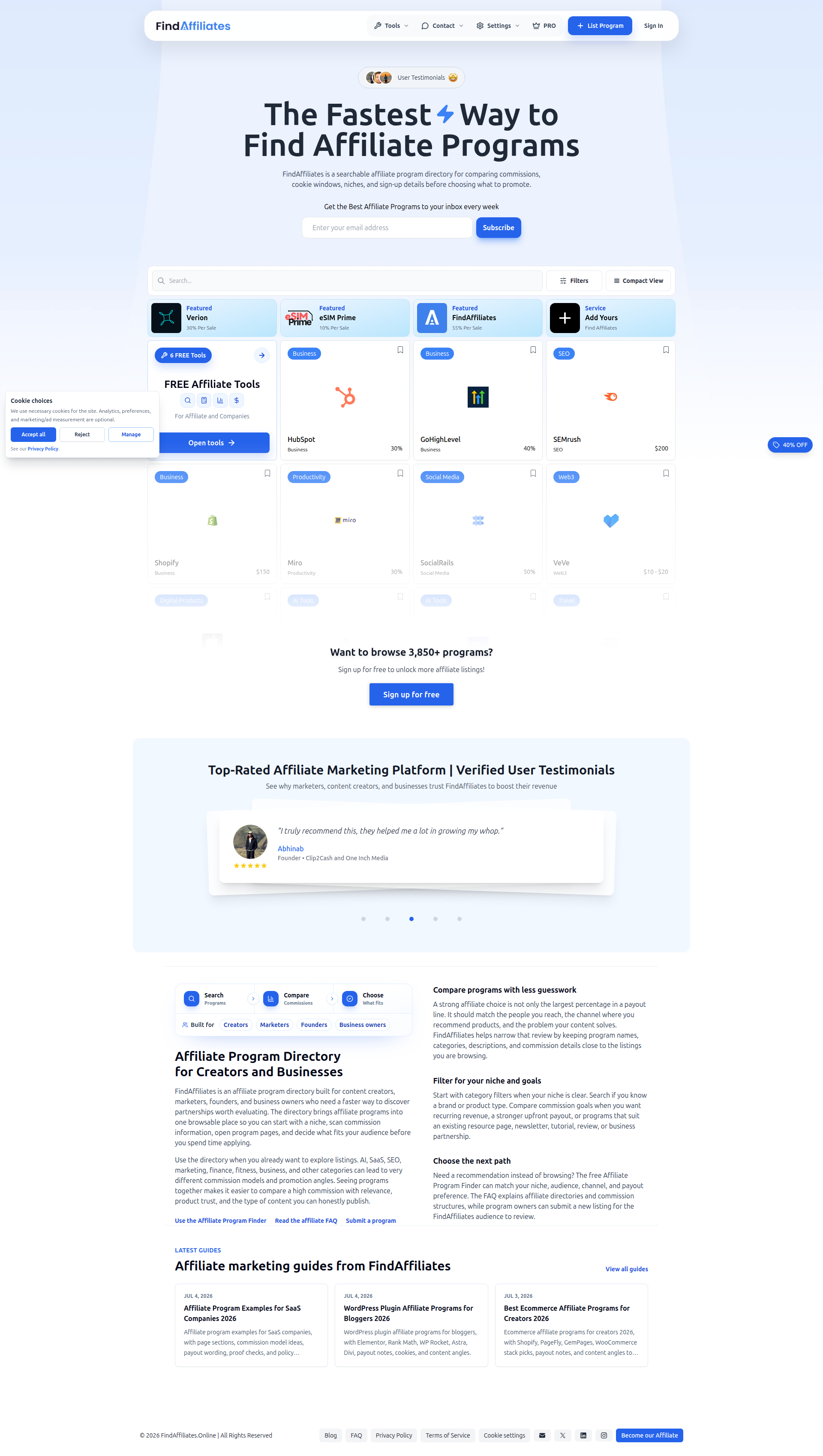 Landing page screenshot for findaffiliates.online, 1920 by 3397 pixels