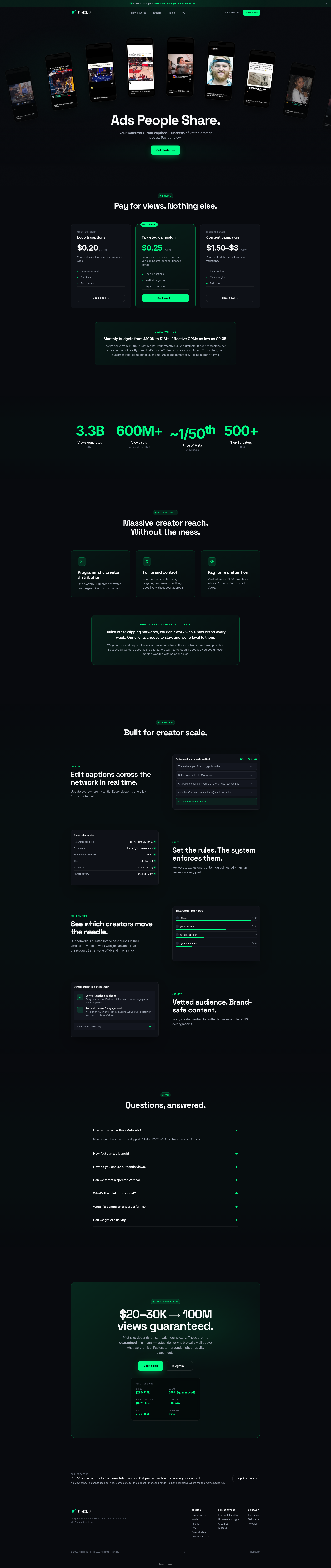 Landing page screenshot for findclout.com, 1920 by 9088 pixels