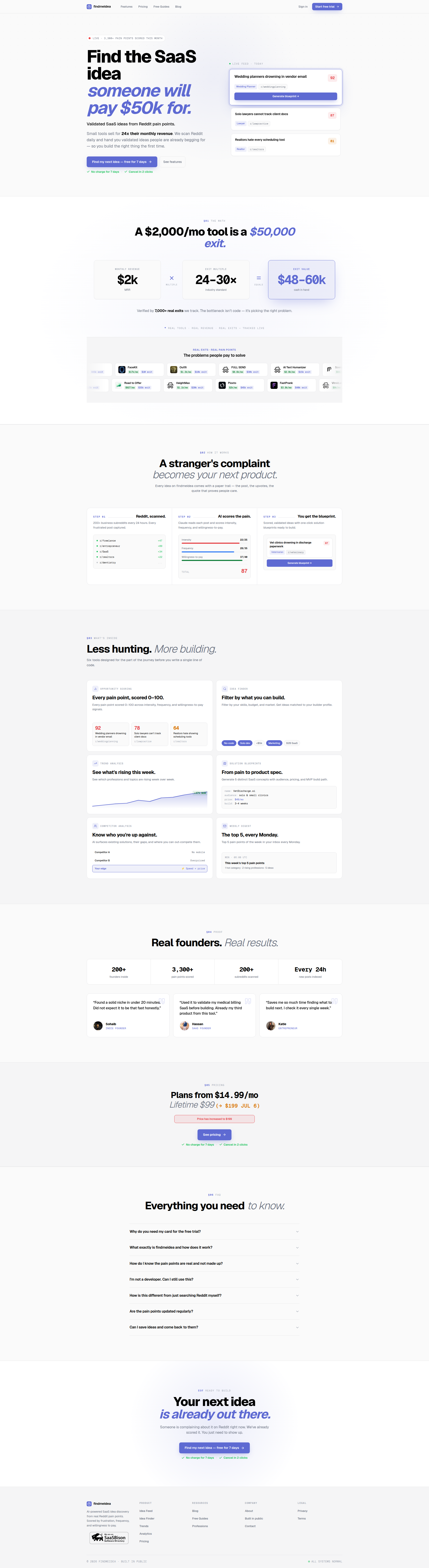 Landing page screenshot for findmeidea.com, 1920 by 7016 pixels