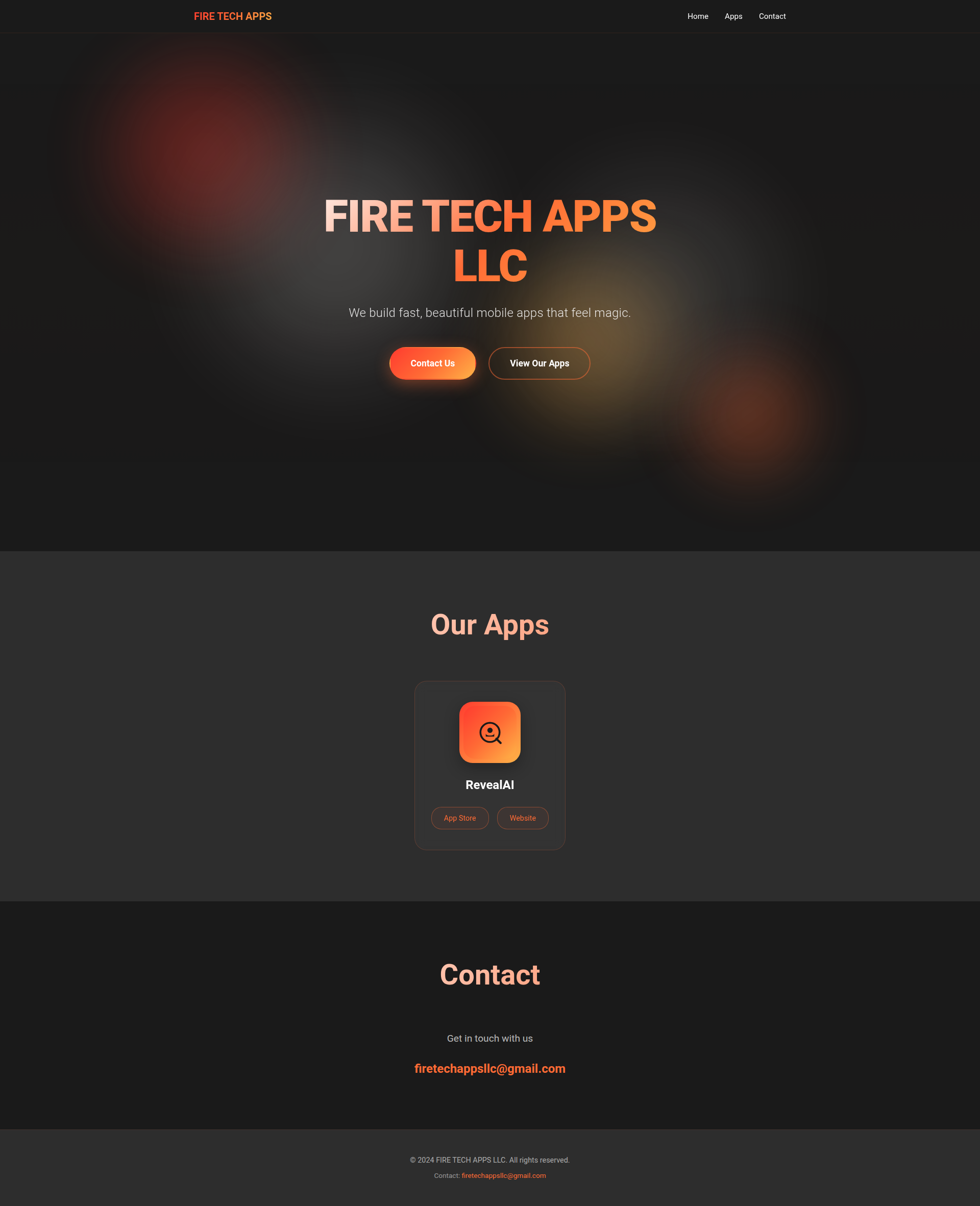 Landing page screenshot for firetechappsllc.com, 1920 by 2363 pixels