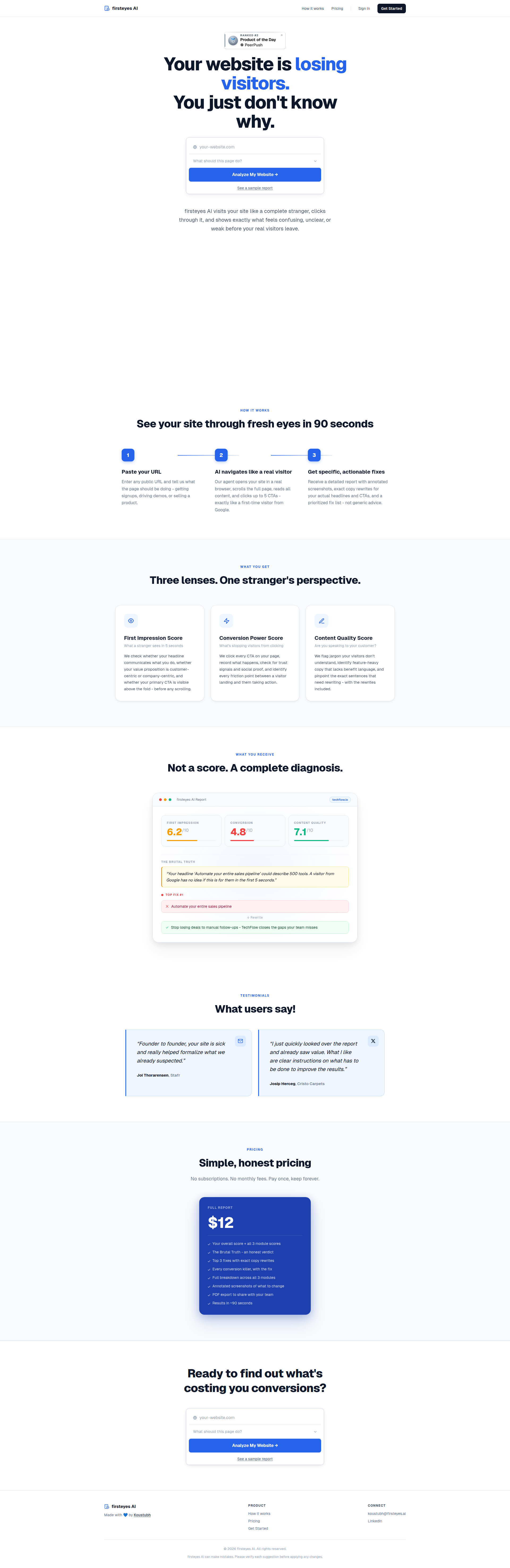 Landing page screenshot for firsteyes.ai, 1920 by 5906 pixels