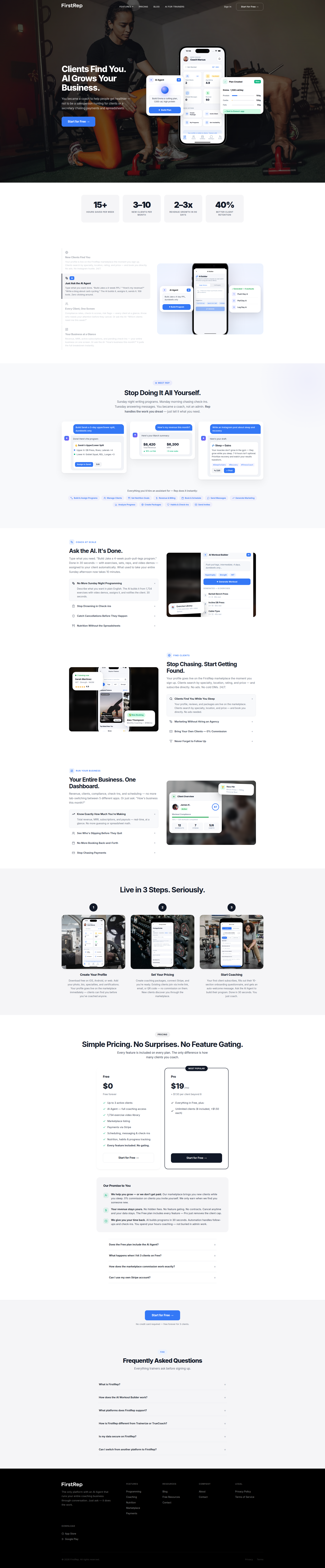 Landing page screenshot for firstrep.fit, 1920 by 9274 pixels