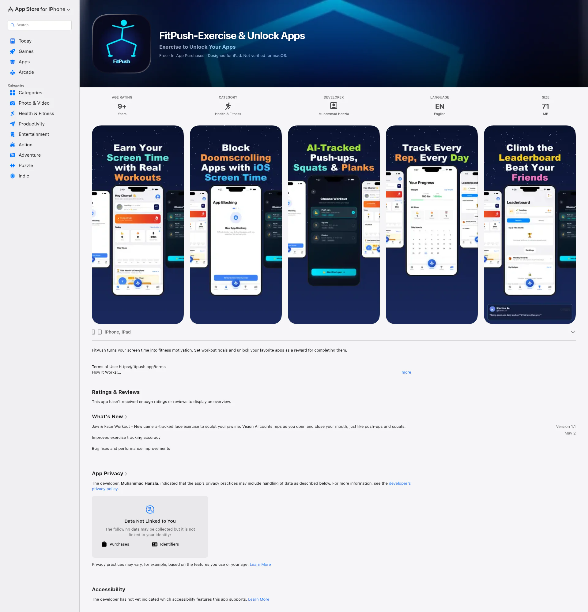 FitPush-Exercise & Unlock Apps landing page