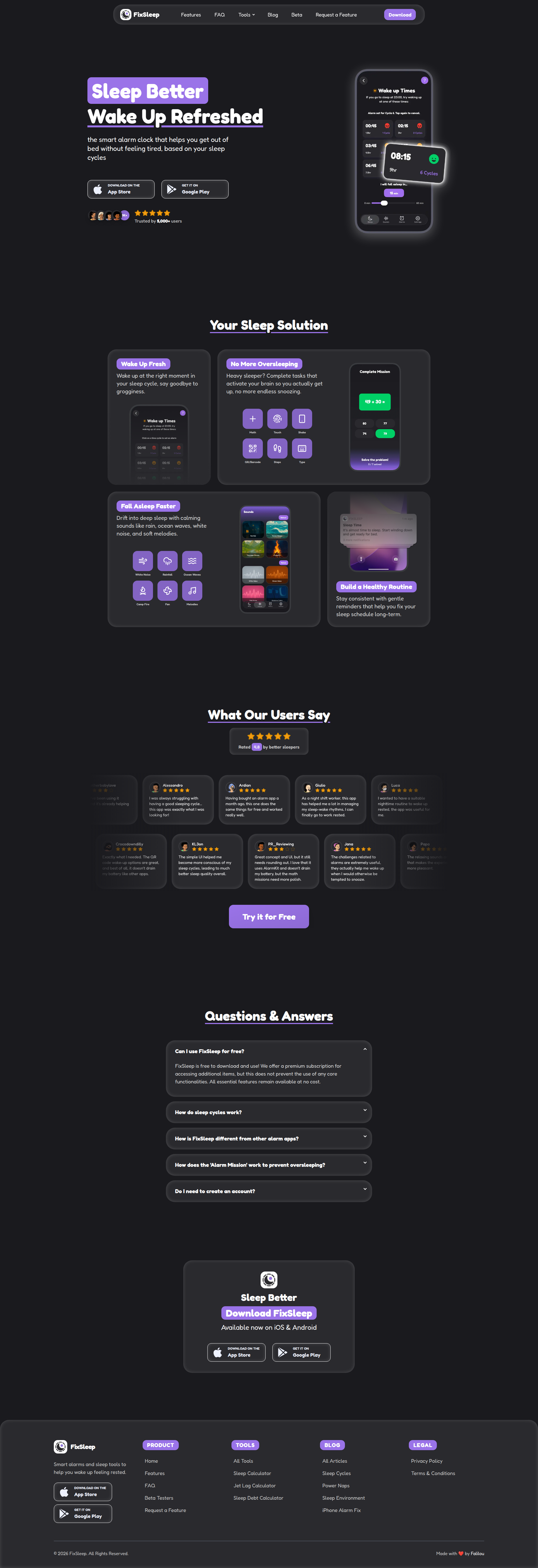 Landing page screenshot for fixsleep.app, 1920 by 5601 pixels