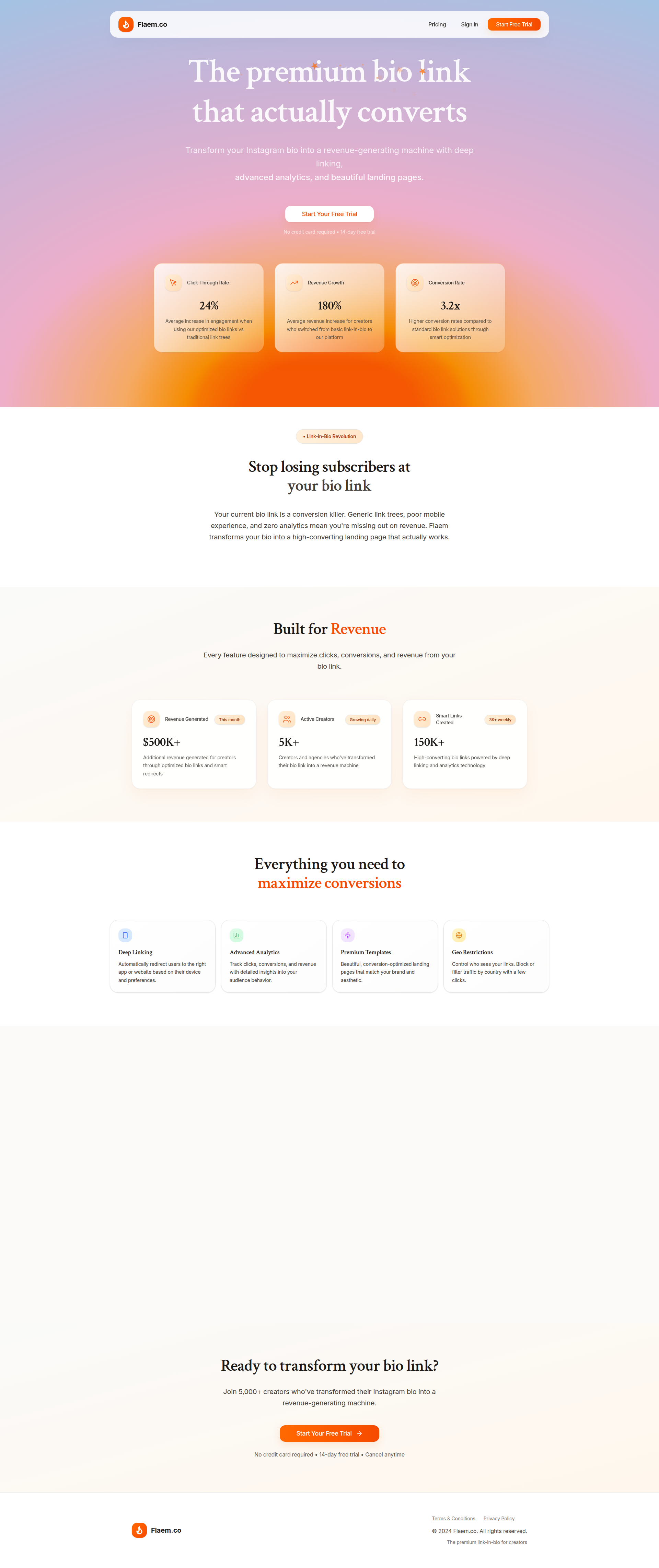 Landing page screenshot for flaem.co, 1920 by 4570 pixels