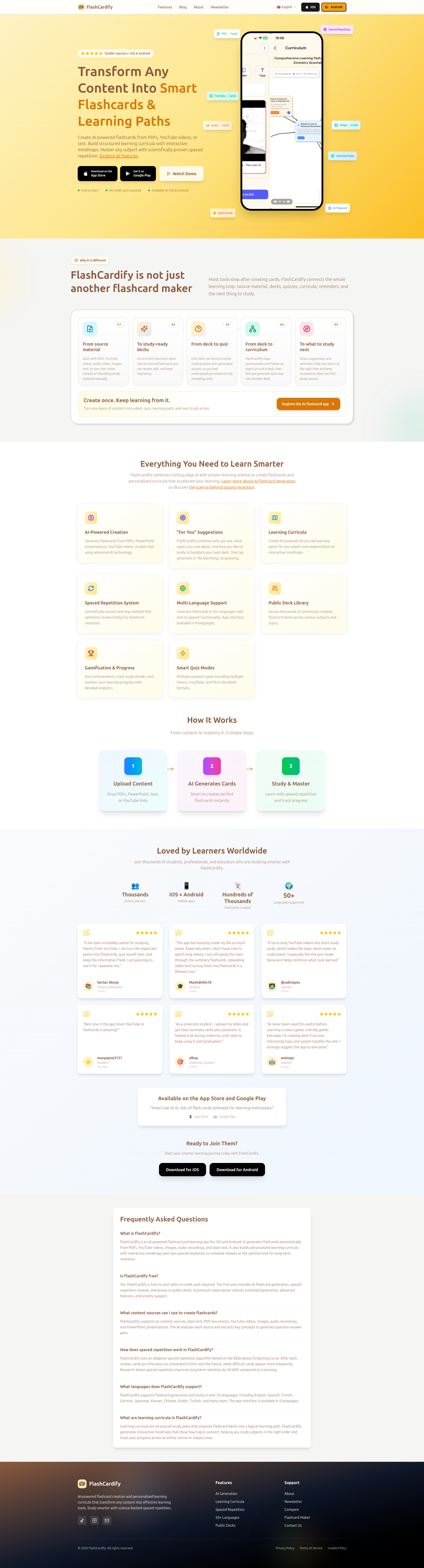 Landing page screenshot for flashcardify.me, 1920 by 7100 pixels