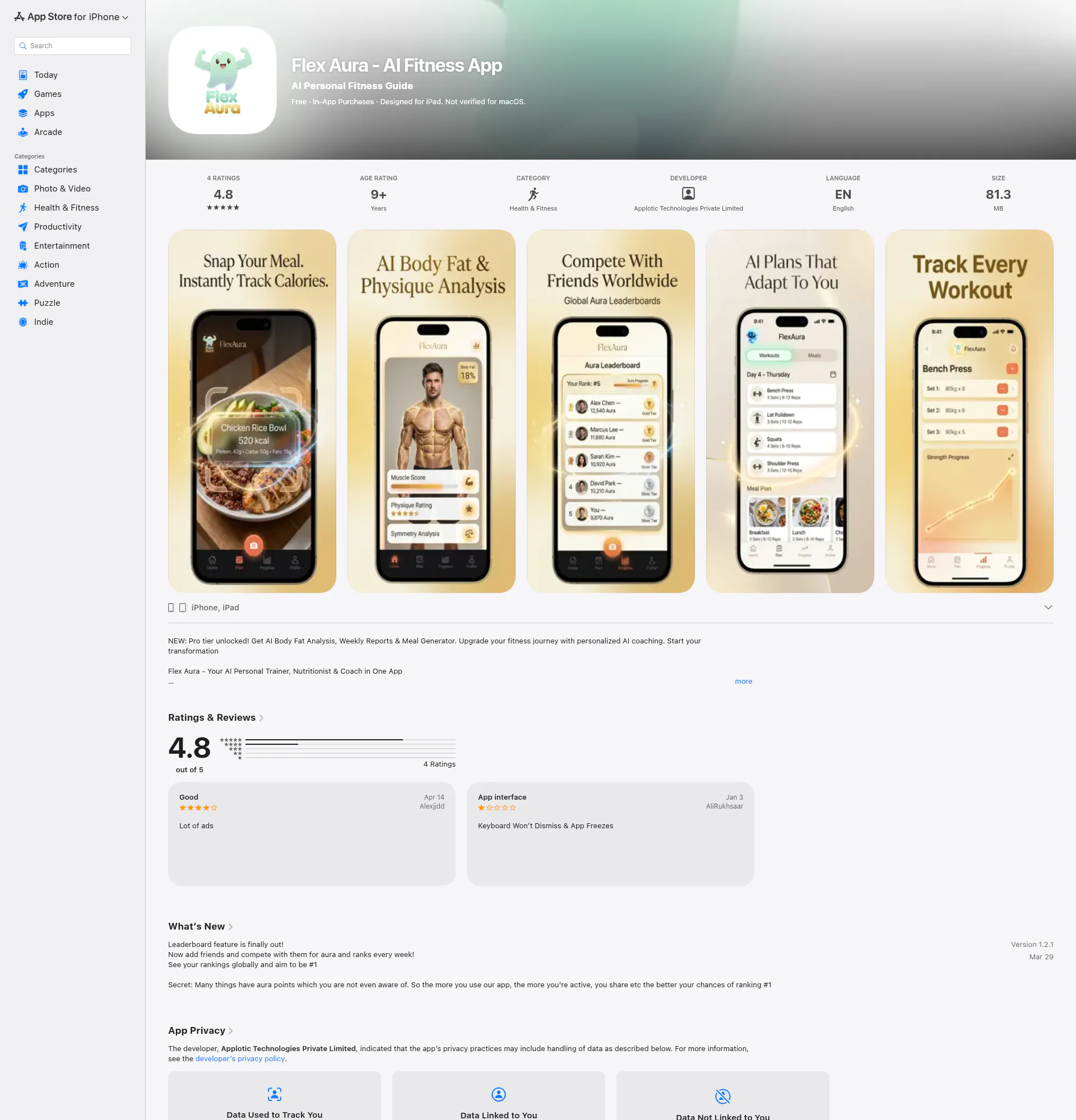 Flex Aura – AI Fitness App with 250k Users (Organic Growth) landing page
