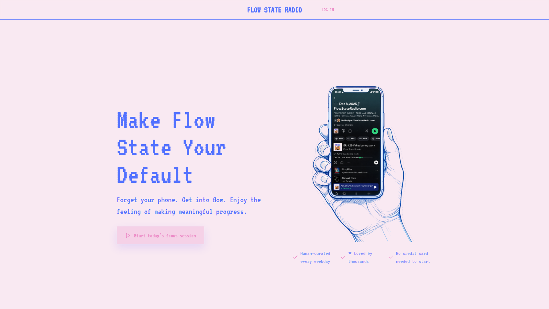 Landing page screenshot for flowstateradio.com, 1920 by 1080 pixels